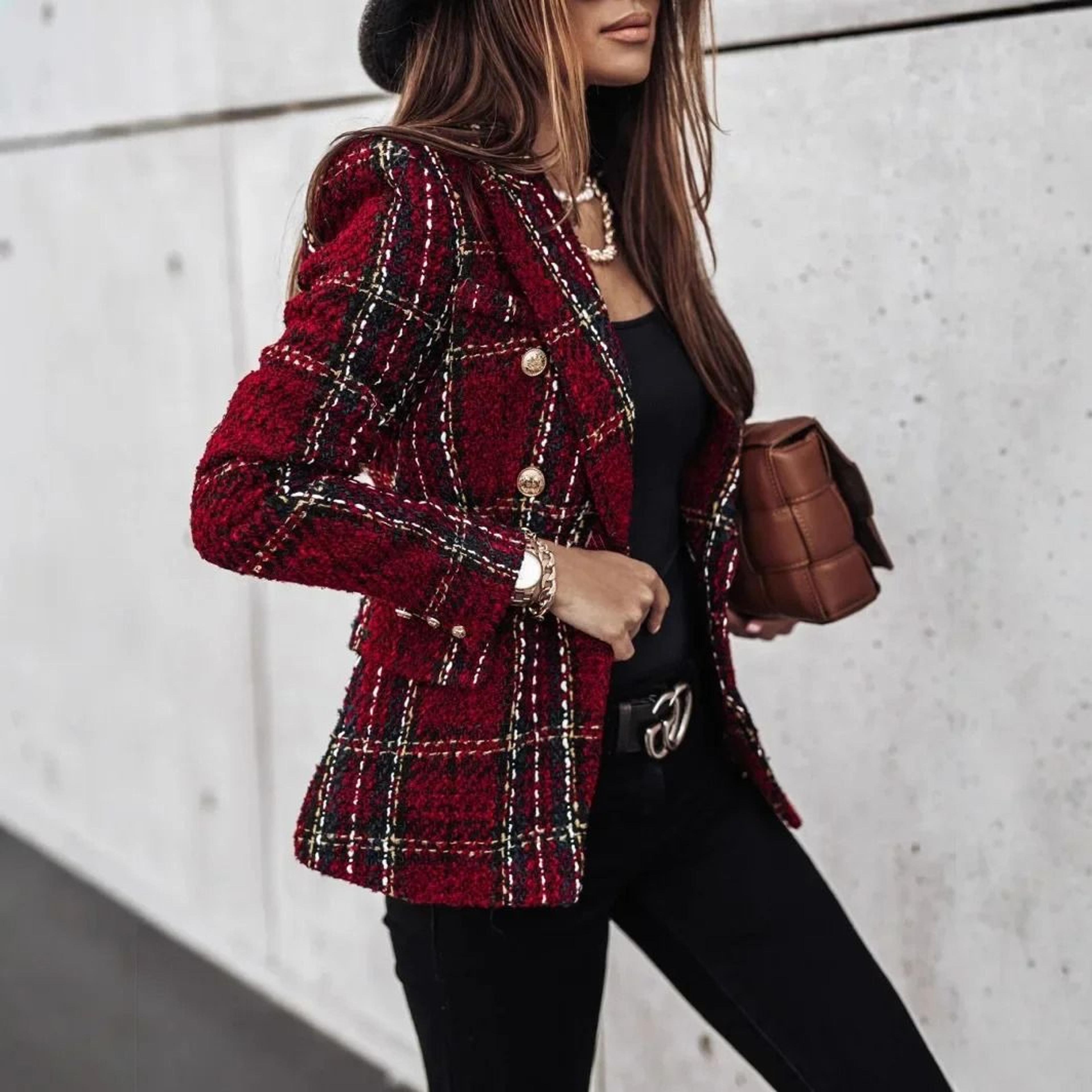 womens double button printed suit | premium autumn/winter polyester blazer & professional long sleeve jacket