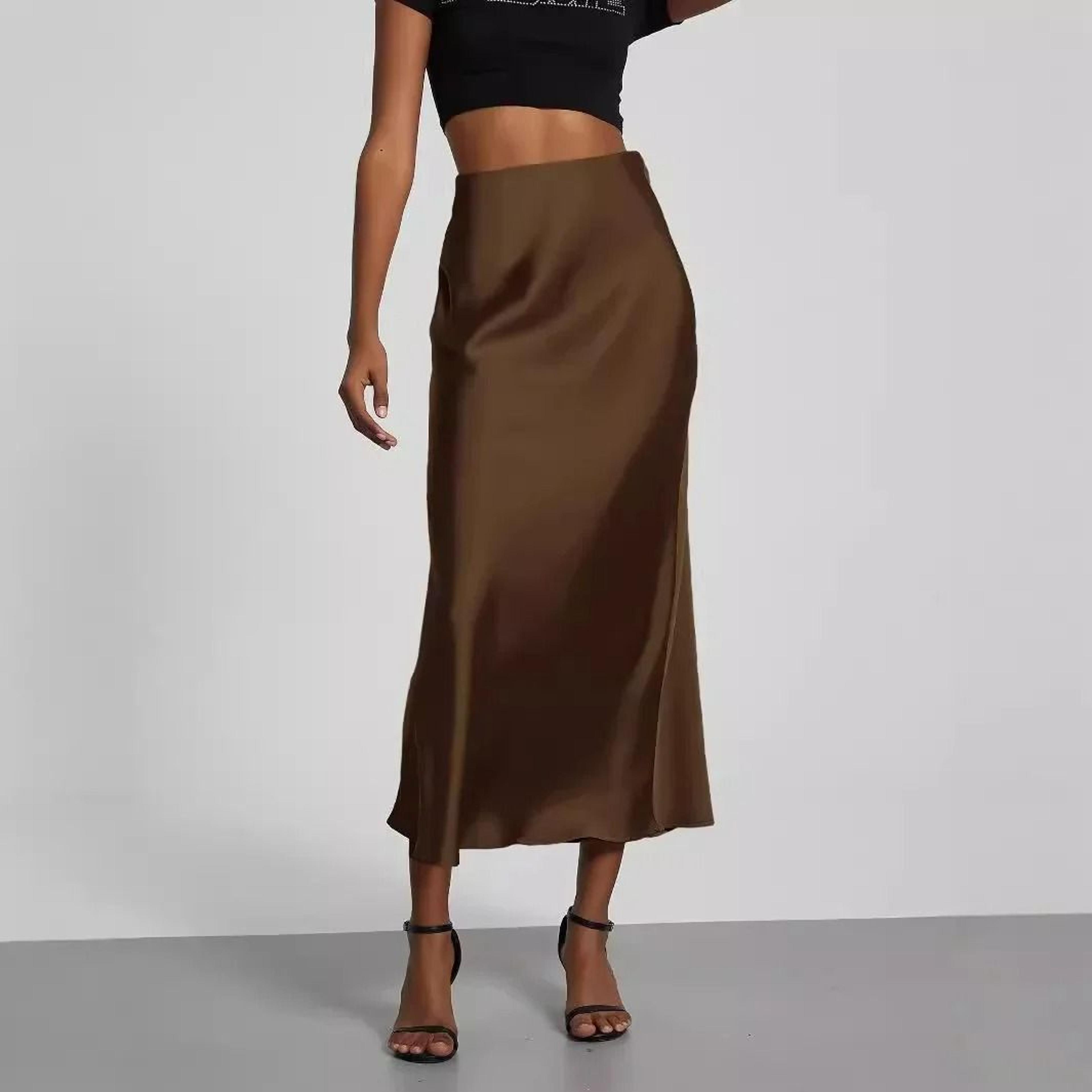 womens elegant satin midi skirt | european style solid color high-gloss dress & versatile fashion infrastructure