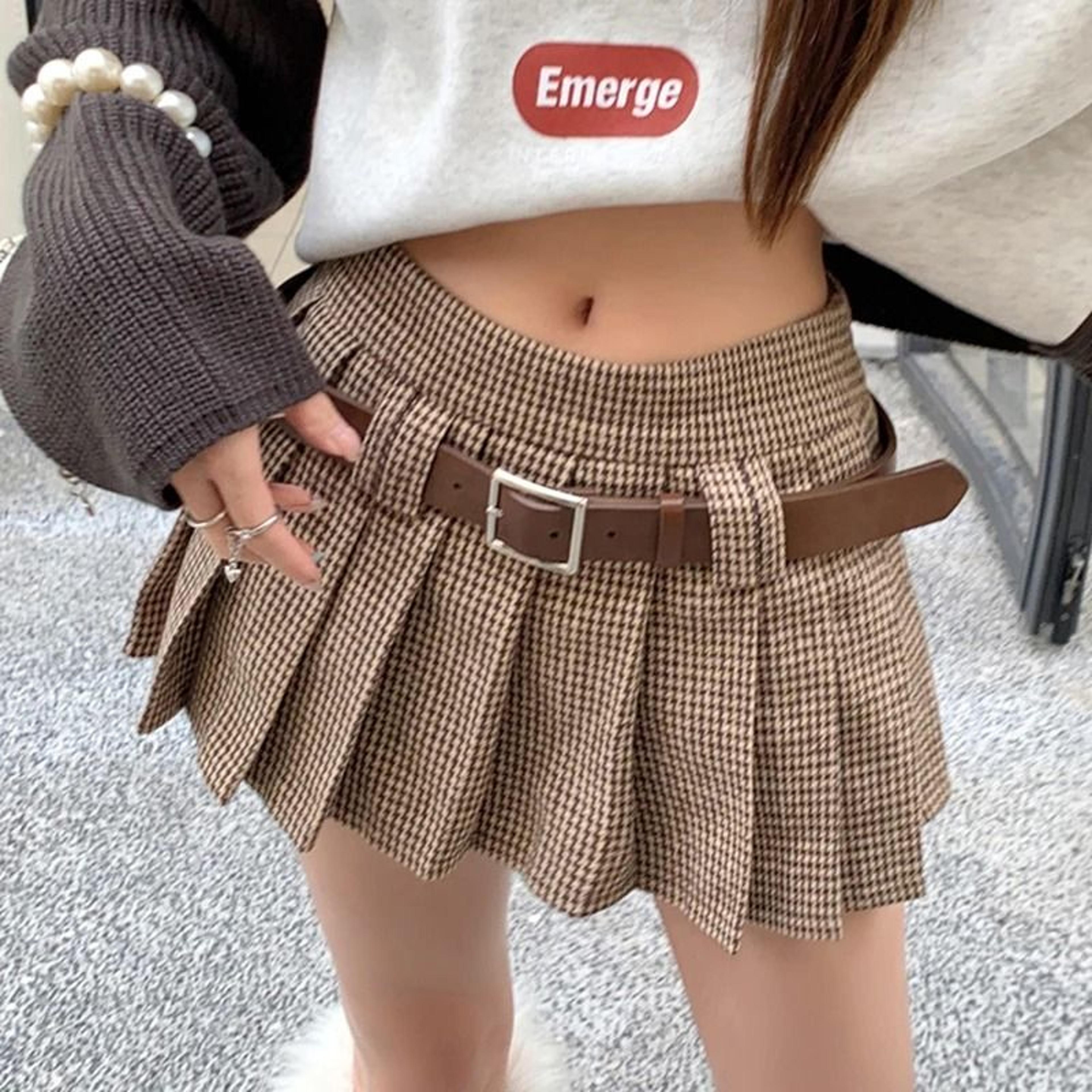 womens y2k houndstooth mini skirt | premium low rise woolen pleated skirt & autumn winter fashion belt set