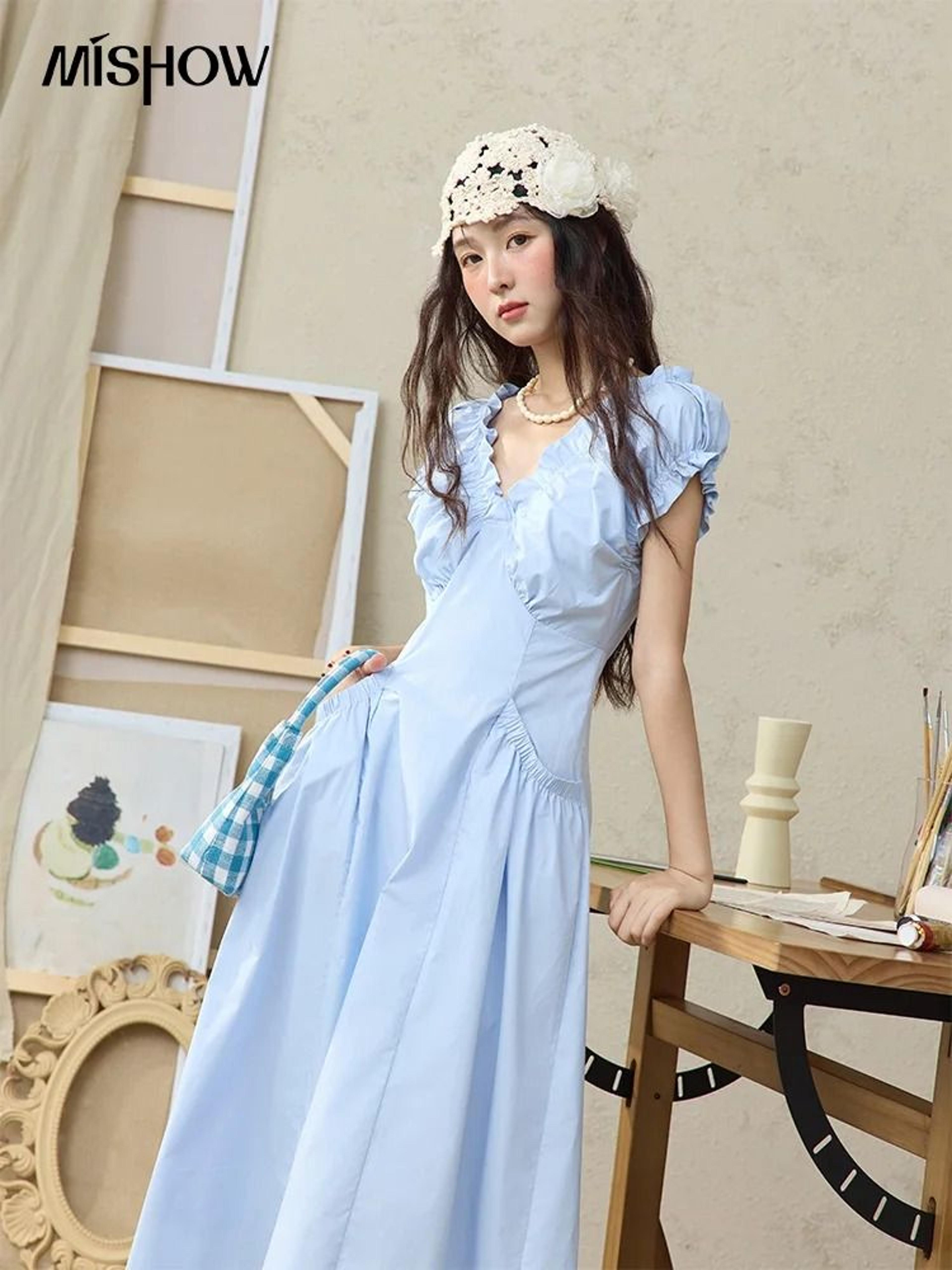 mishow v-neck puff sleeve dress | premium 100% cotton slim midi dress & professional 2025 summer office outwear