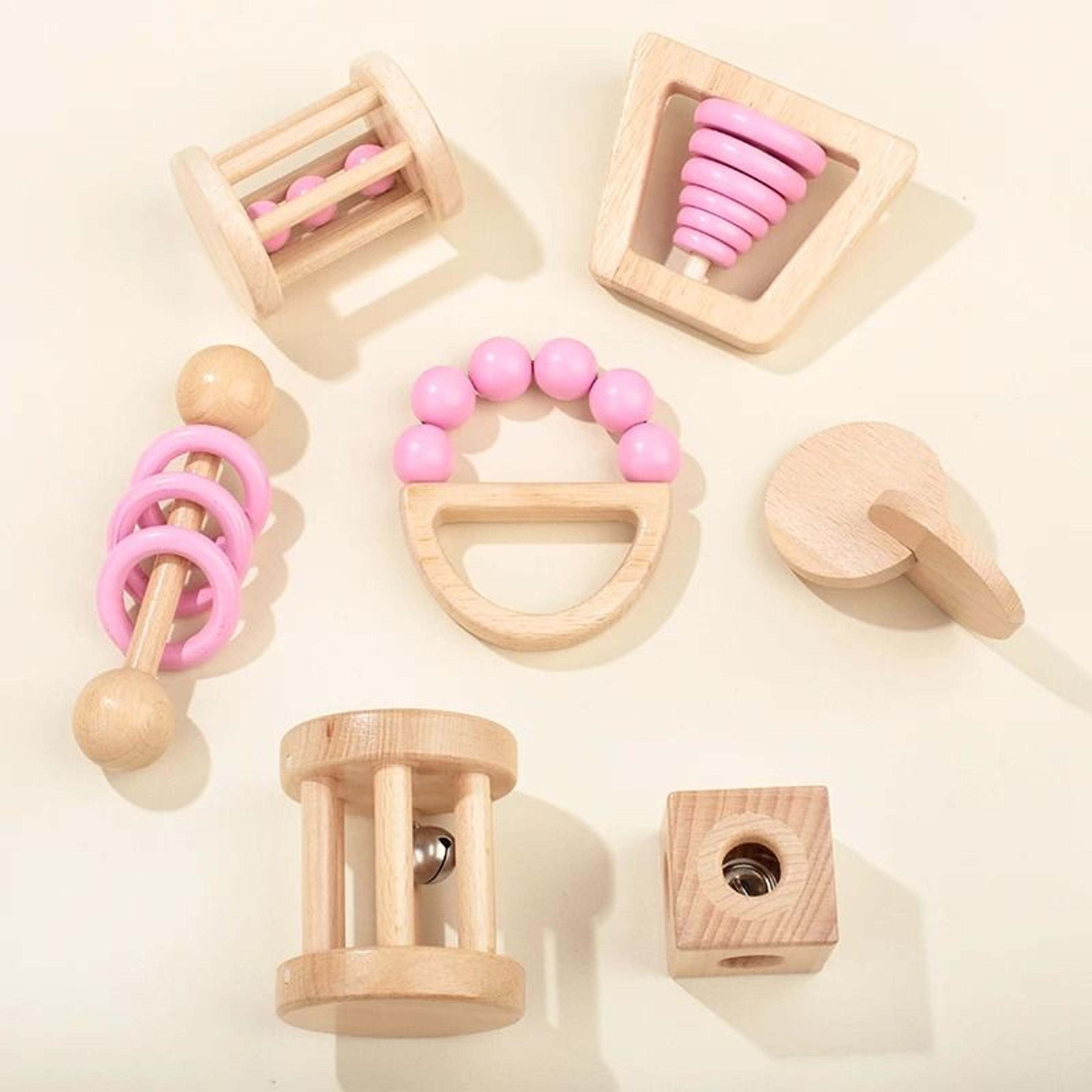 montessori wooden baby rattle & soother bracelet set – colorful food-grade toddler toy