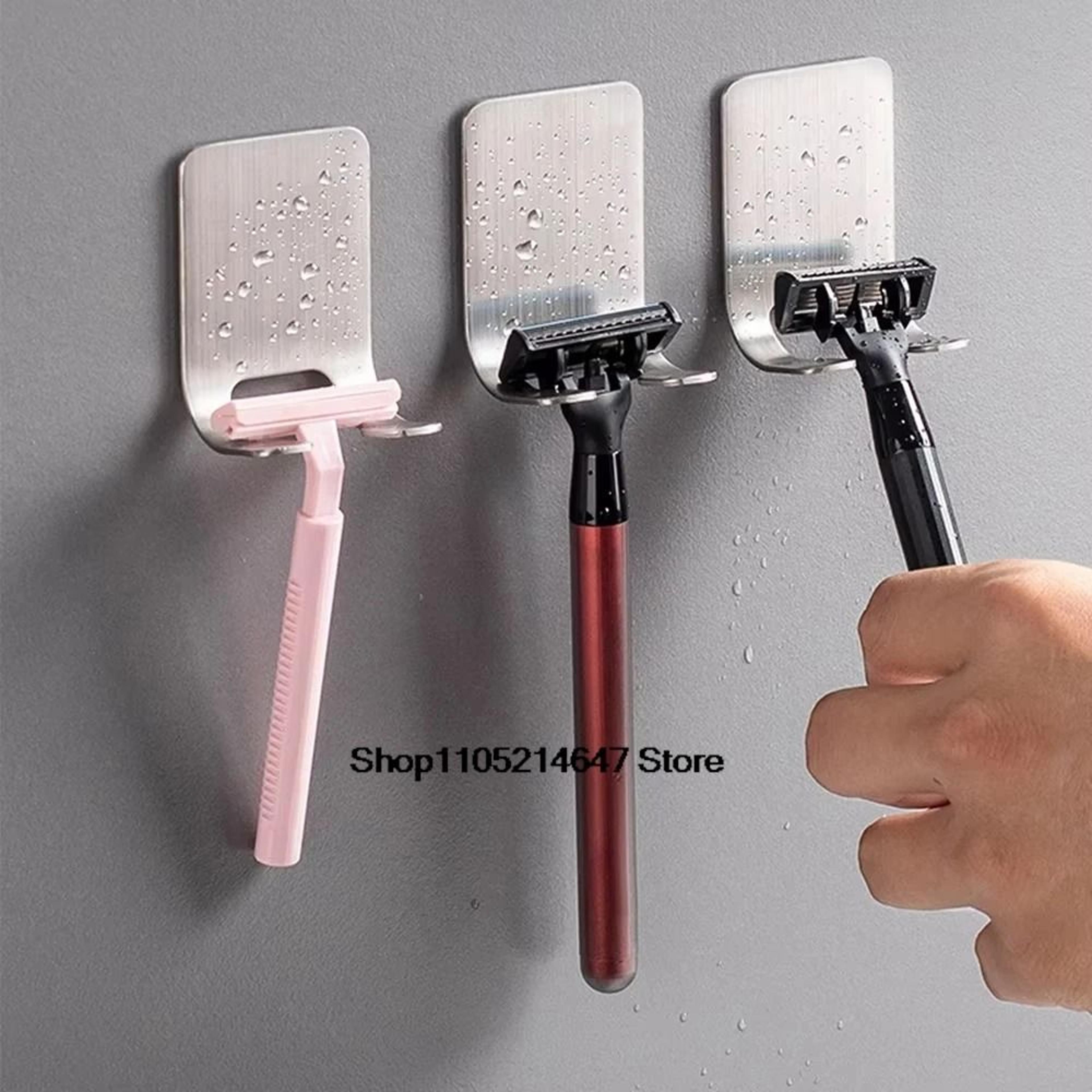 brushed stainless steel shaver system – premium adhesive razor holder & bathroom organizer