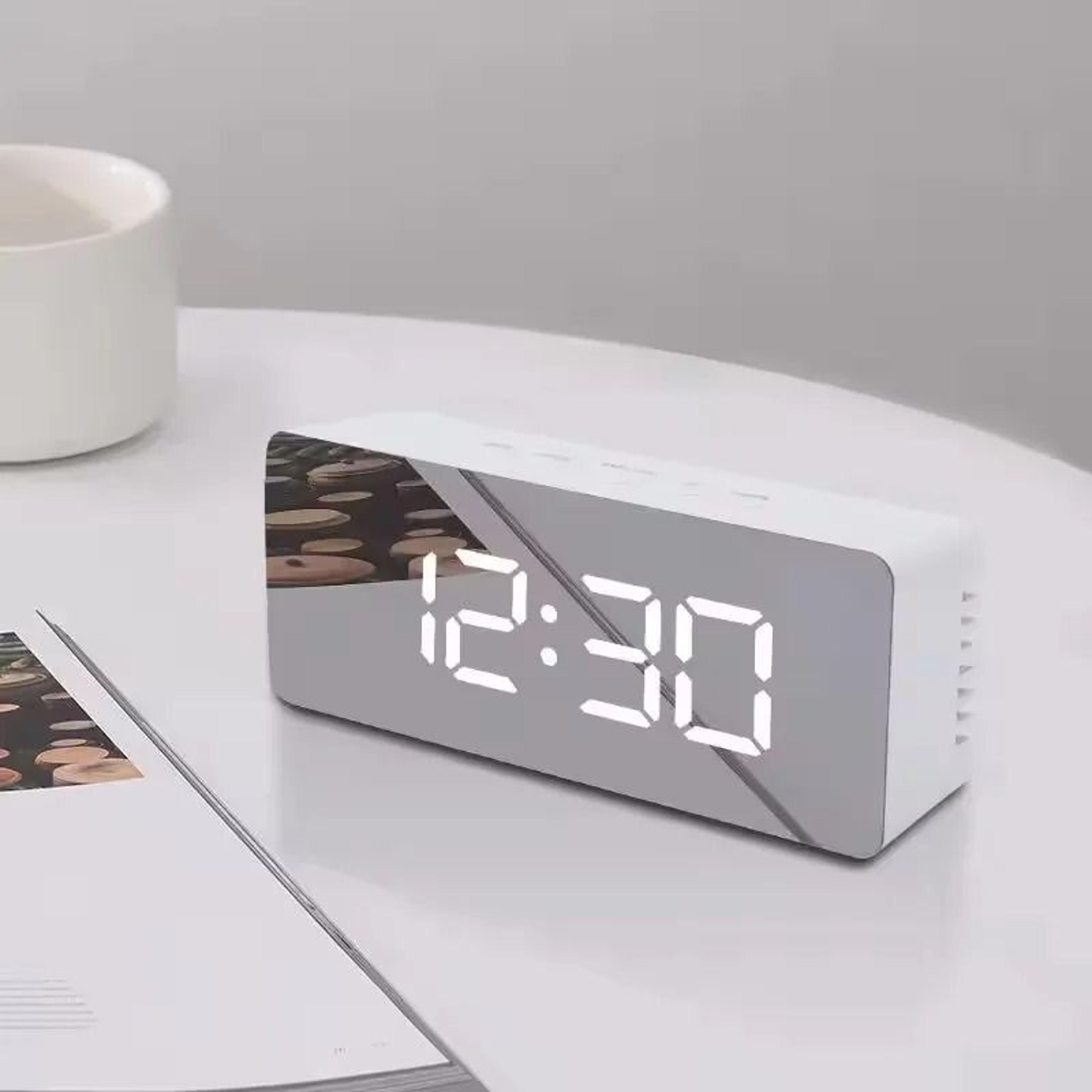 modern white led mirror digital alarm clock | desktop time & night light