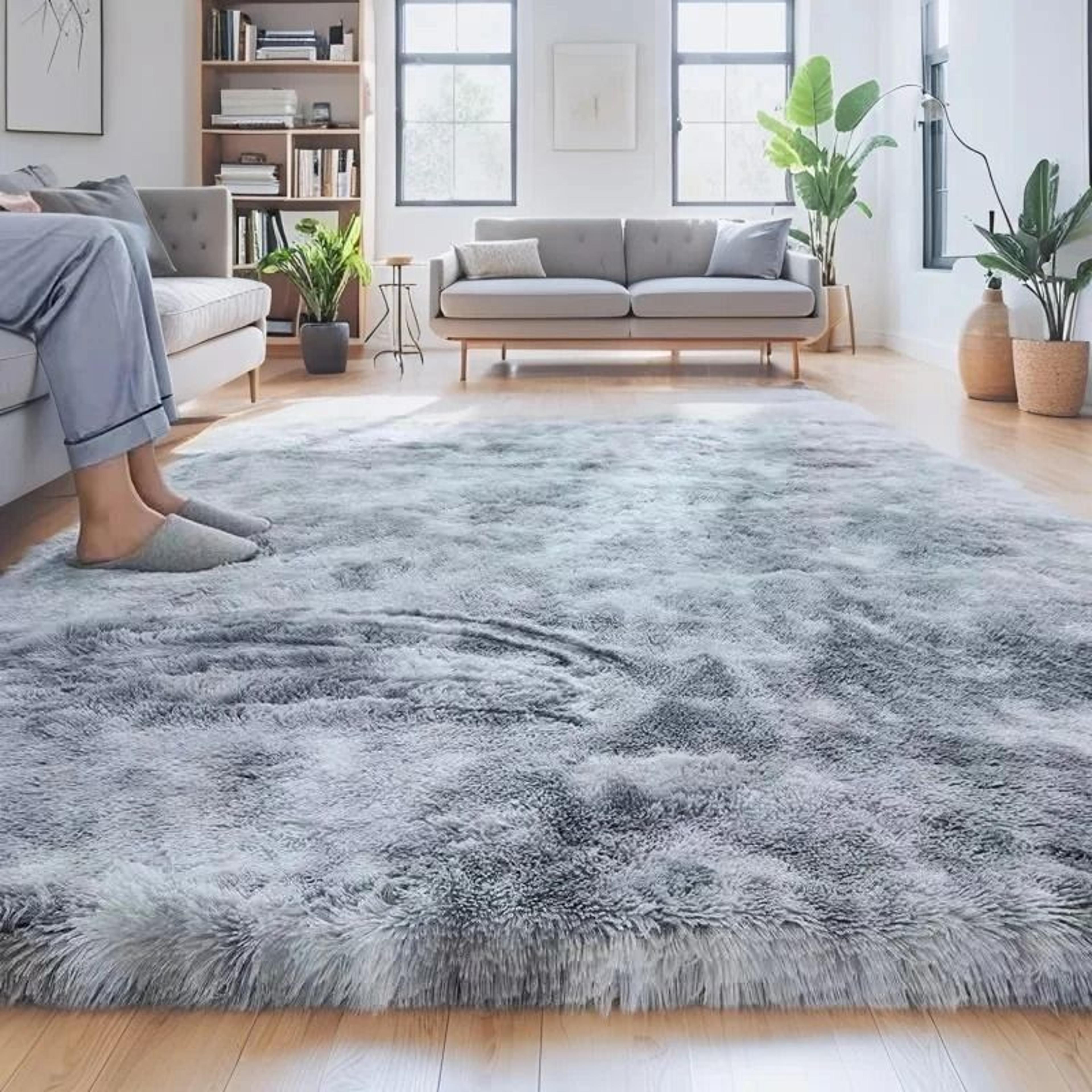 shaggy gray area rug | ultra-soft long pile bedroom & living room carpet
