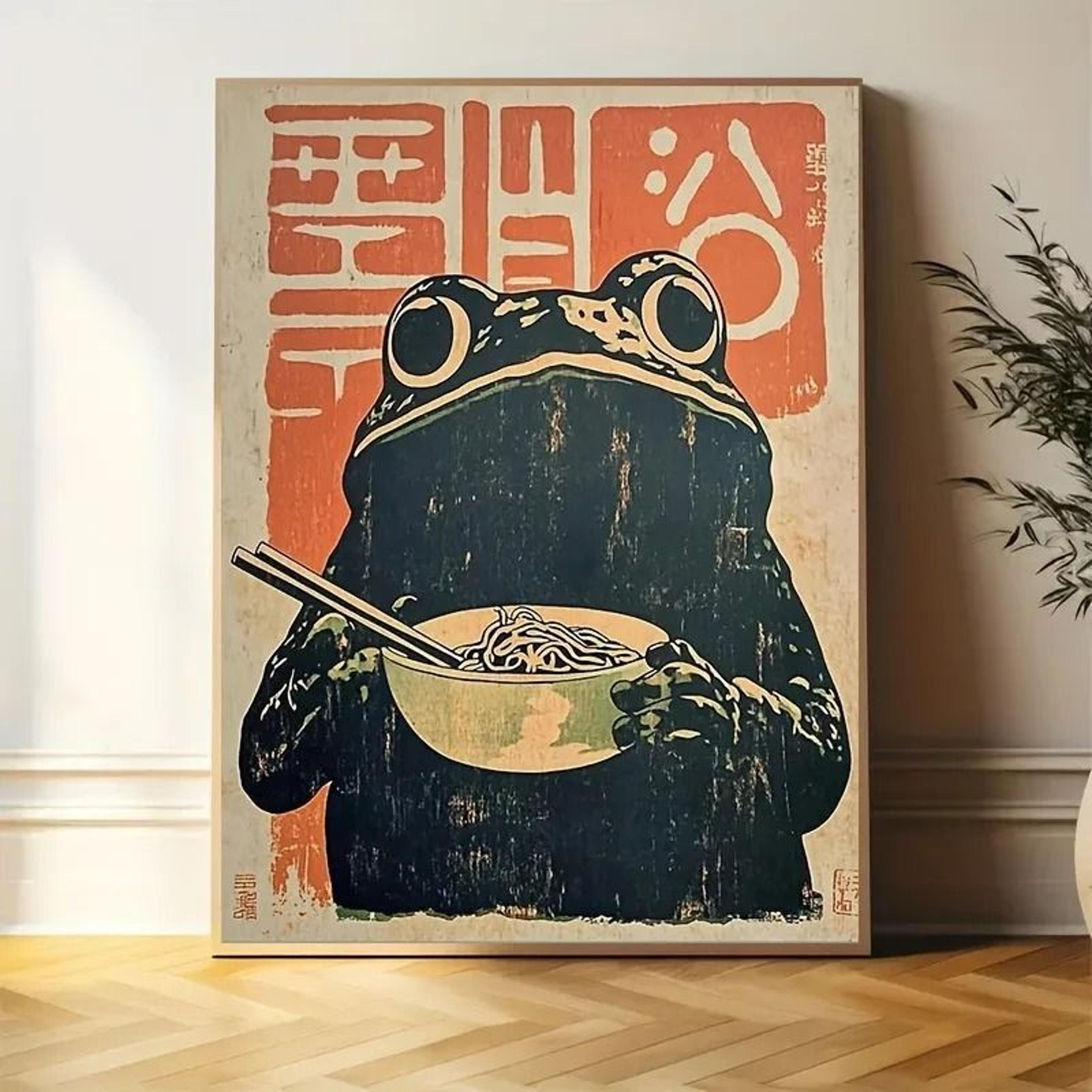 retro japanese frog ramen canvas art | whimsical art deco wall decoration