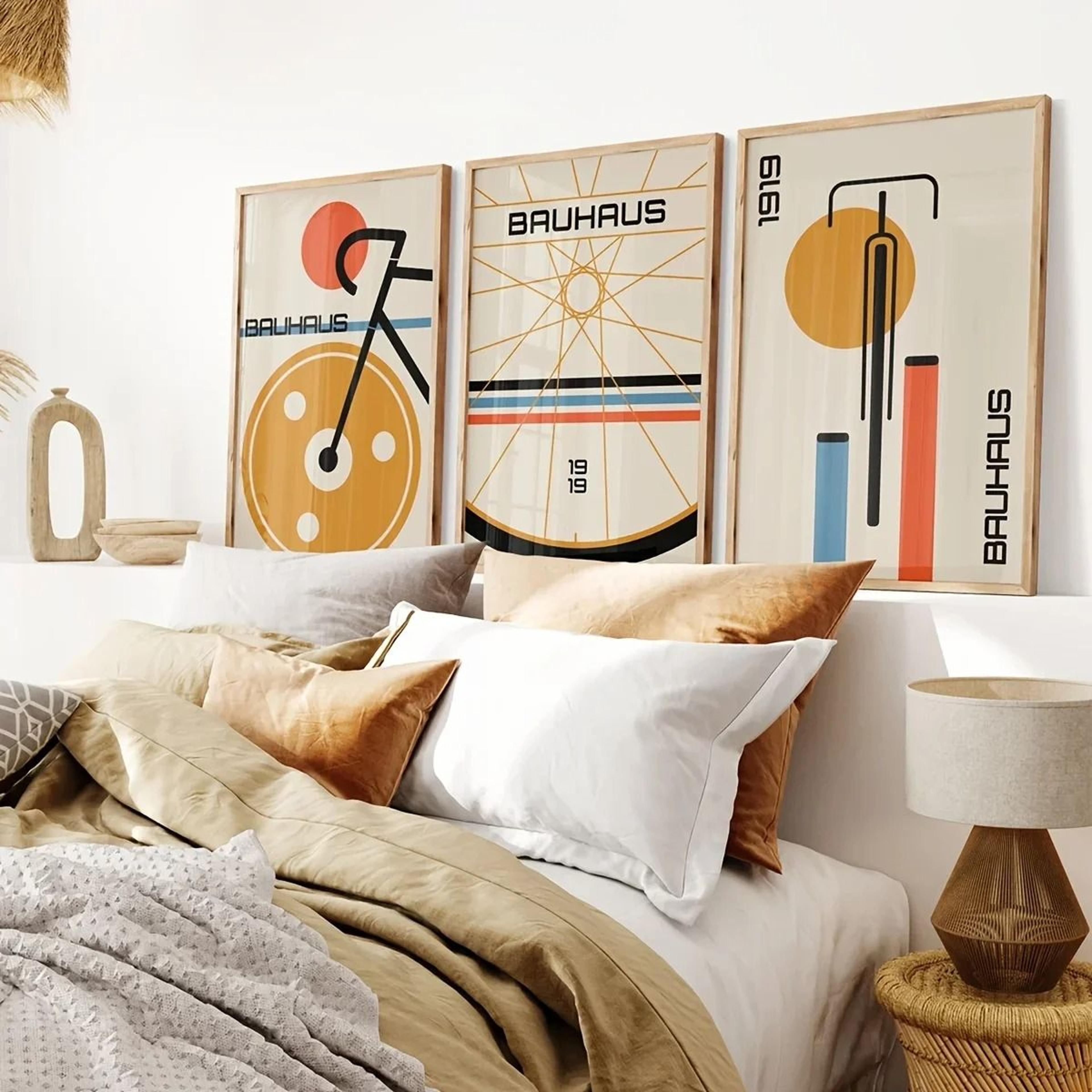 3pc bauhaus bicycle art prints | mid-century modern minimalist canvas posters