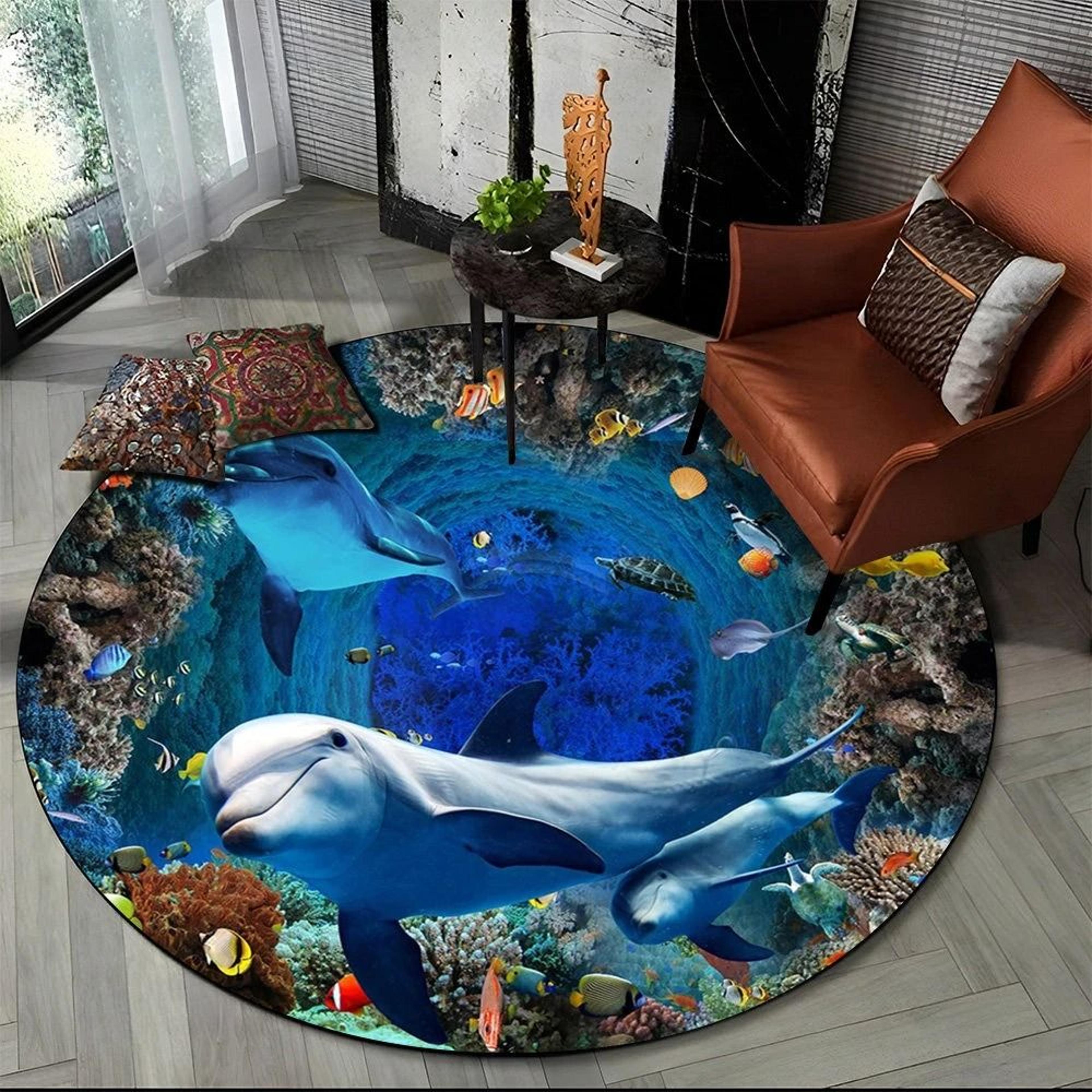 3d seabed illusion dolphin round rug | underwater world non-slip floor mat