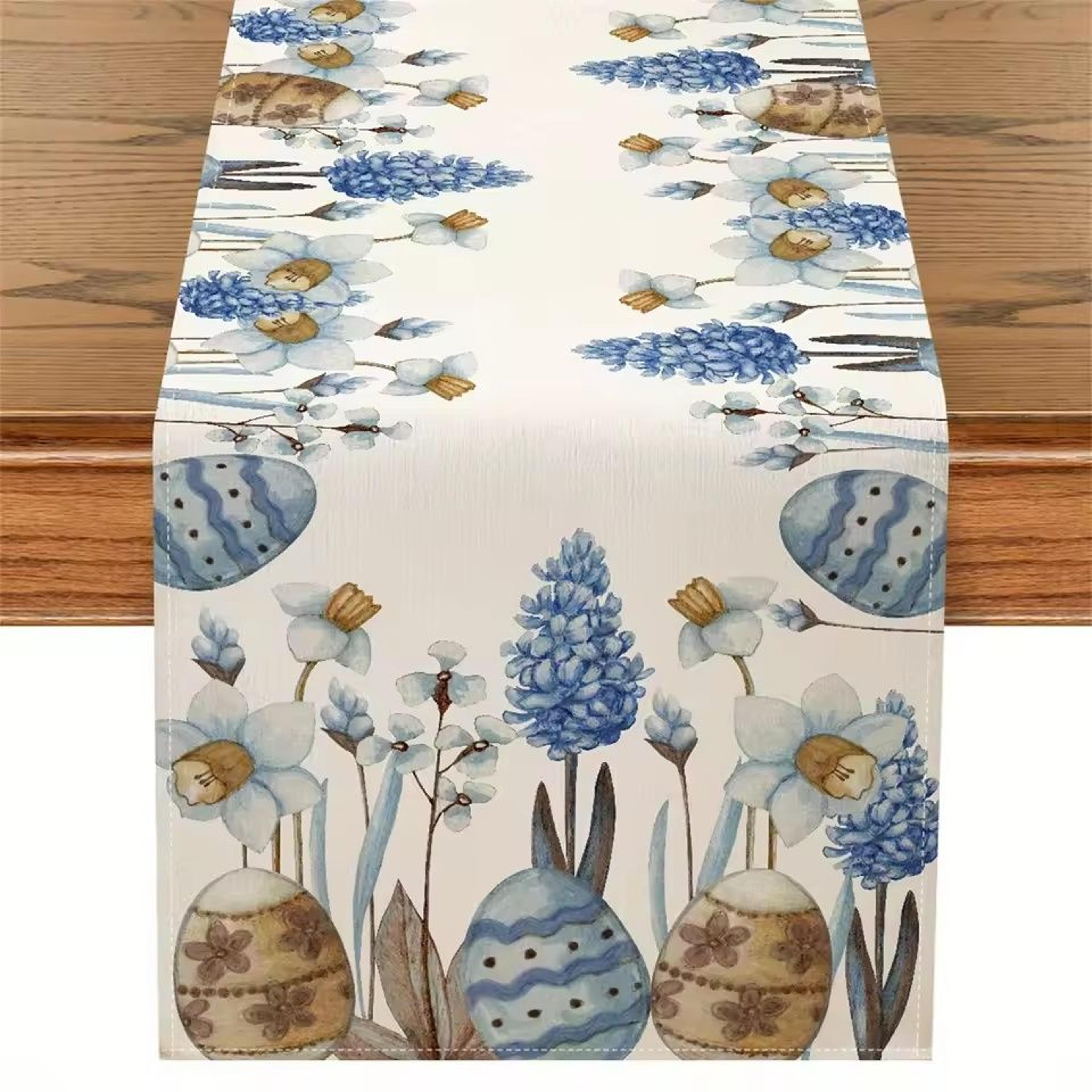 easter blue eggs & spring floral linen table runner | botanical holiday dresser scarf