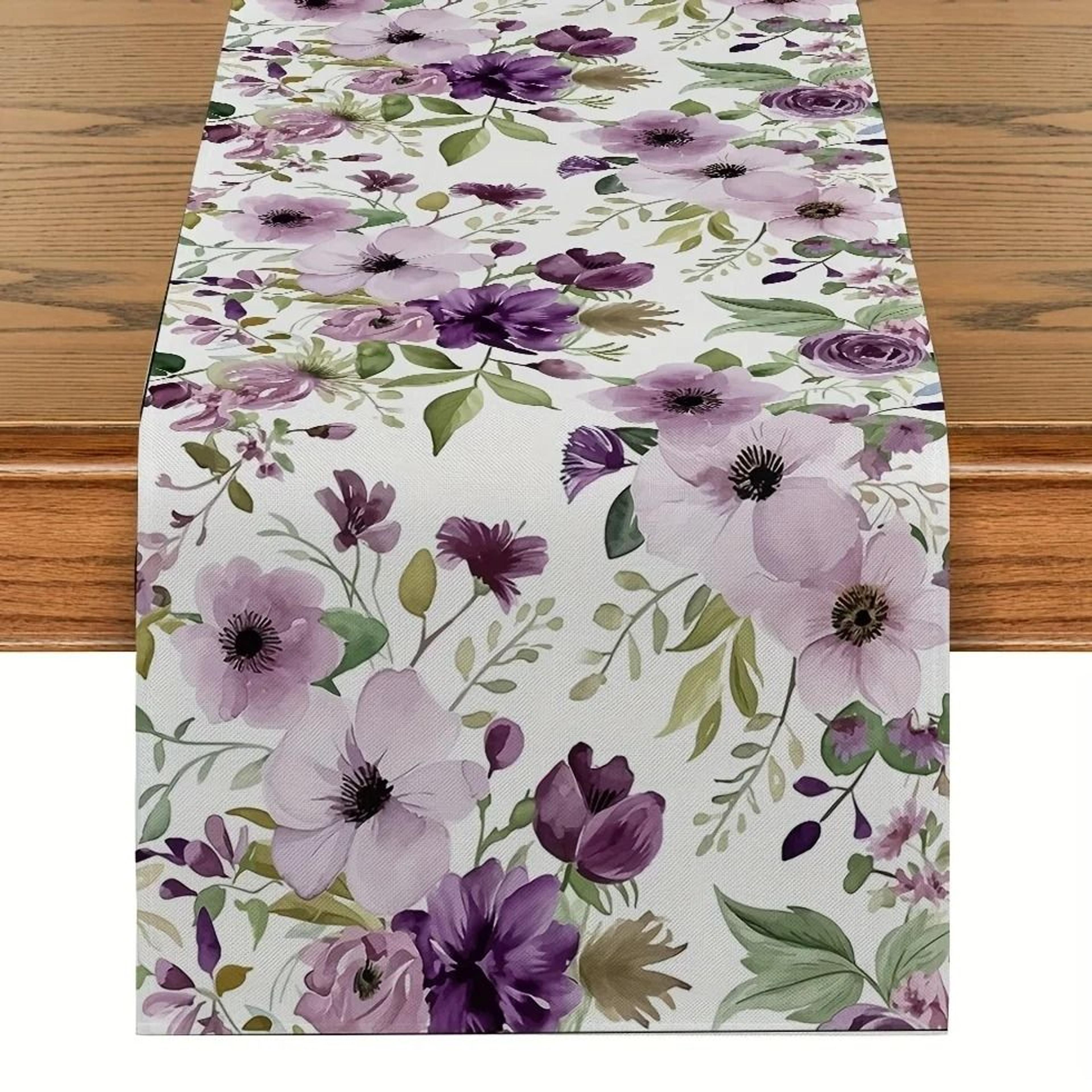 watercolor floral green plant table runner | modern botanical linen dining decor