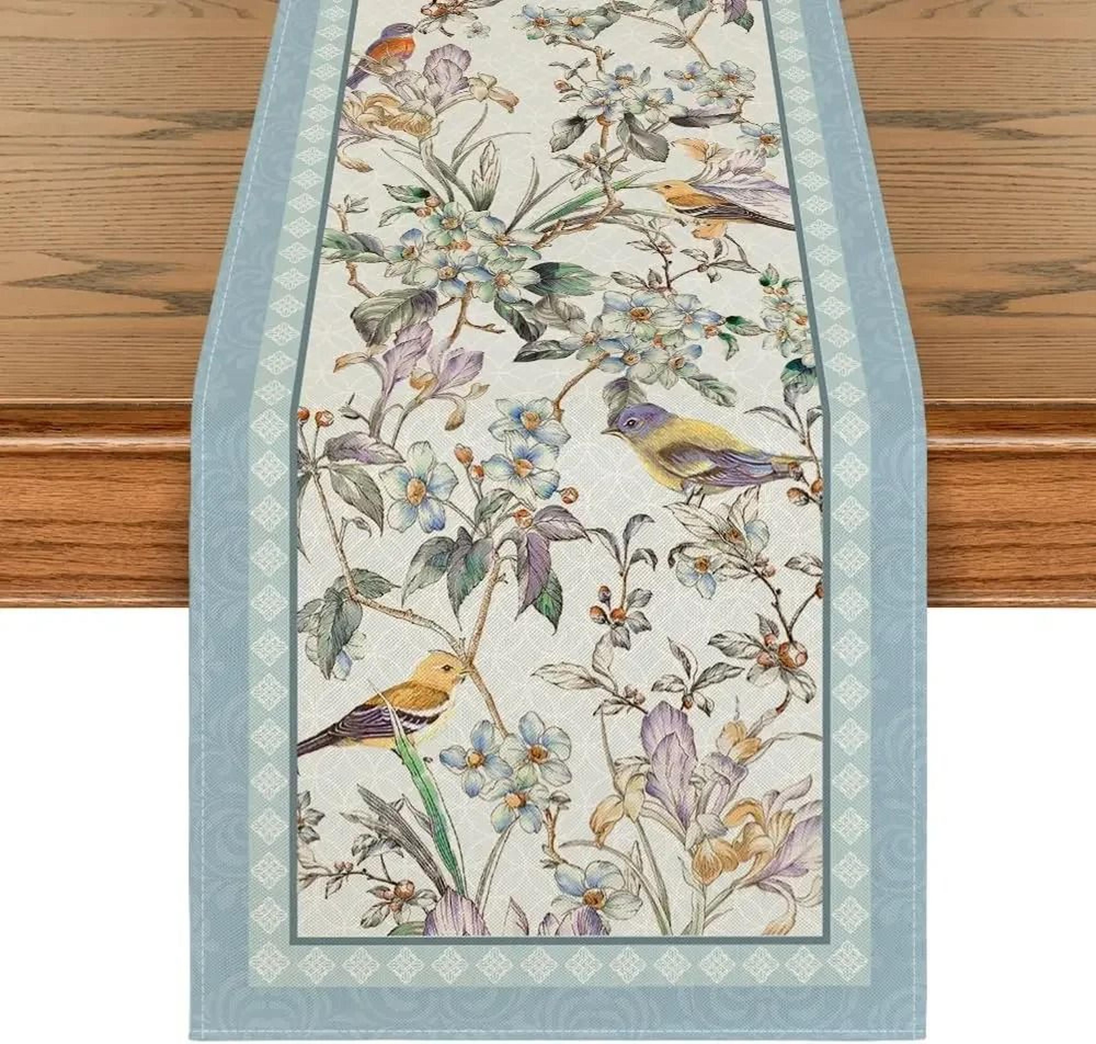 blue birds & spring blossom linen table runner | durable chinoiserie wedding decor