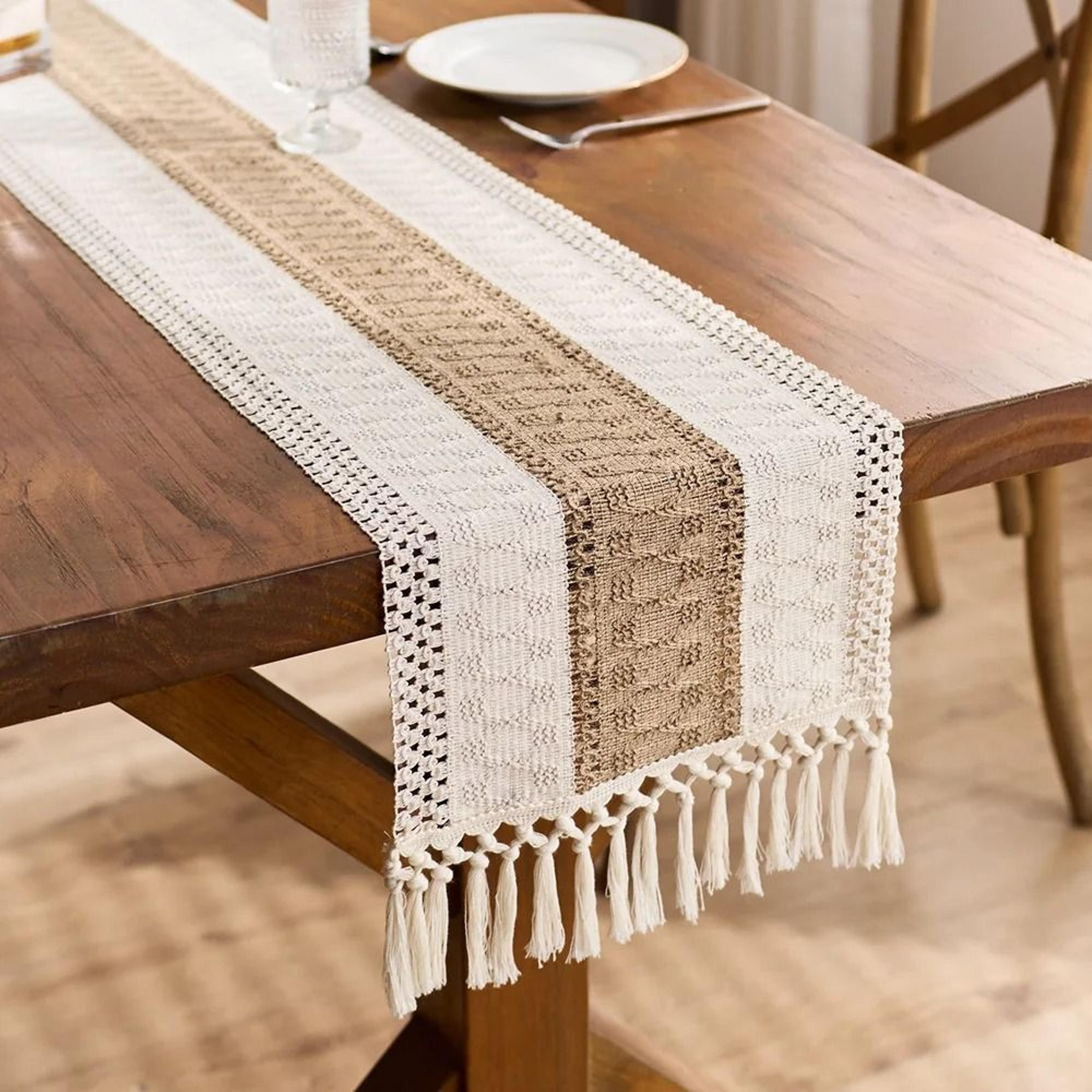 boho macrame table runner | cream & brown farmhouse decor with tassels