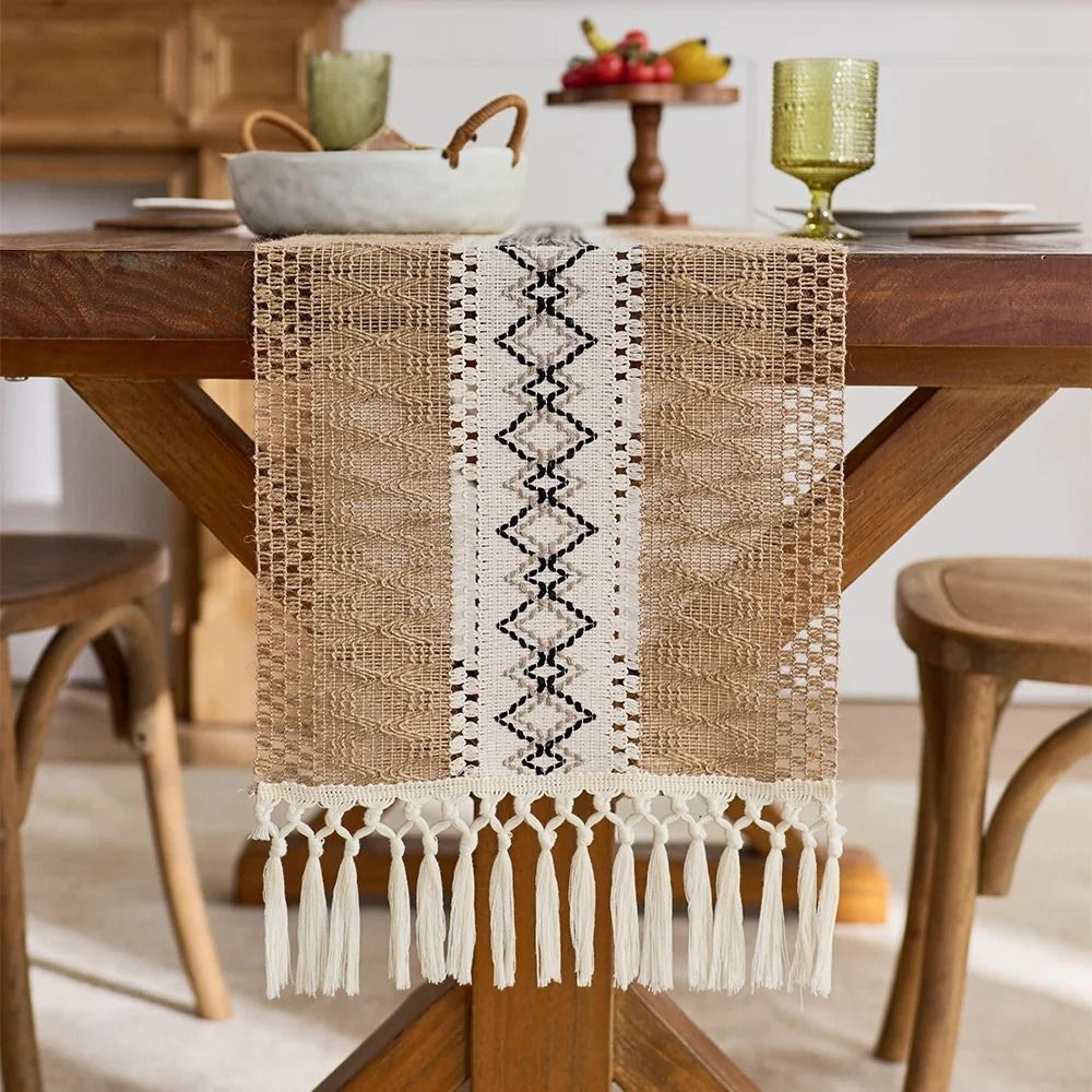 boho rustic brown macrame table runner | farmhouse burlap decor with tassels