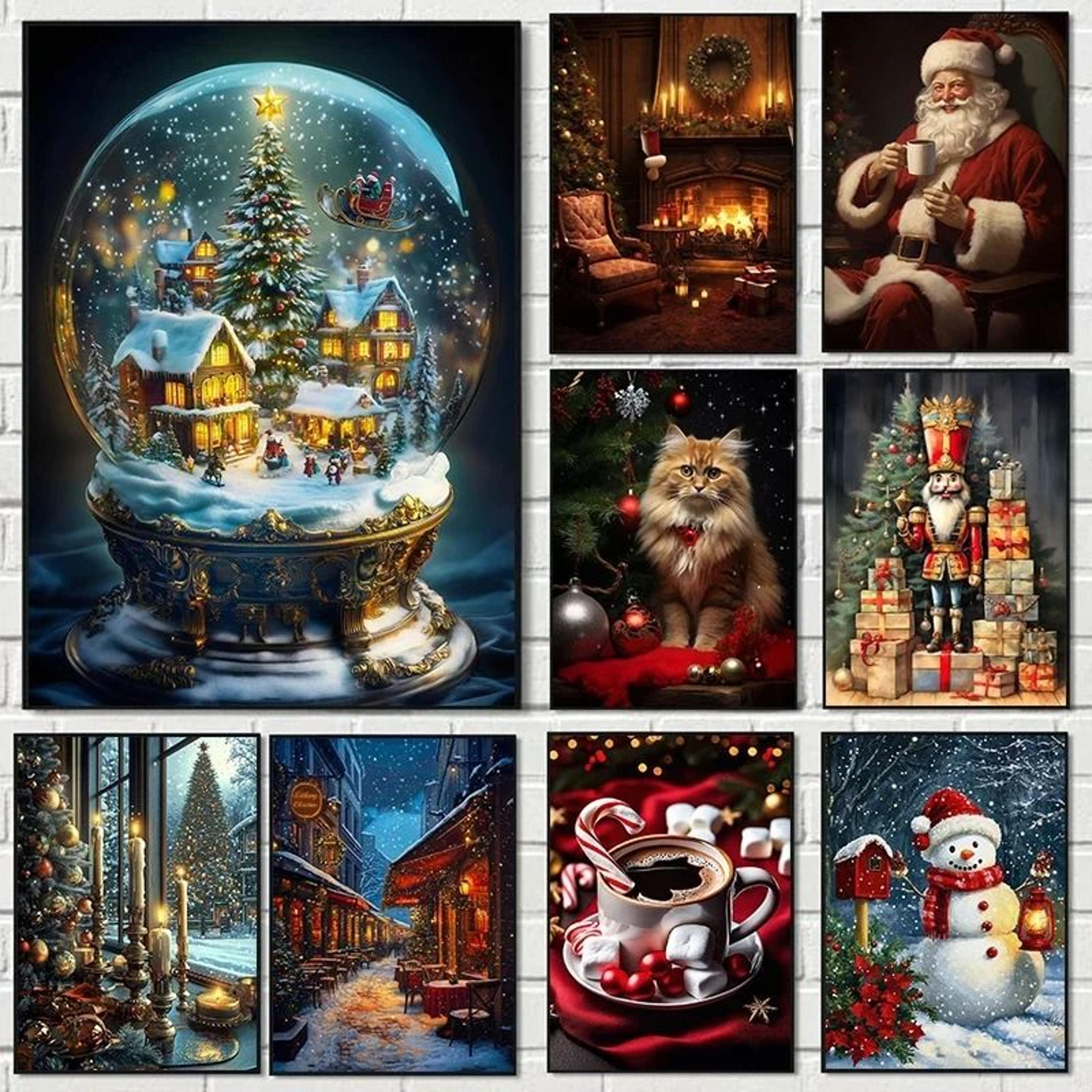 classic traditional christmas wall art | santa claus & tree gift poster canvas painting