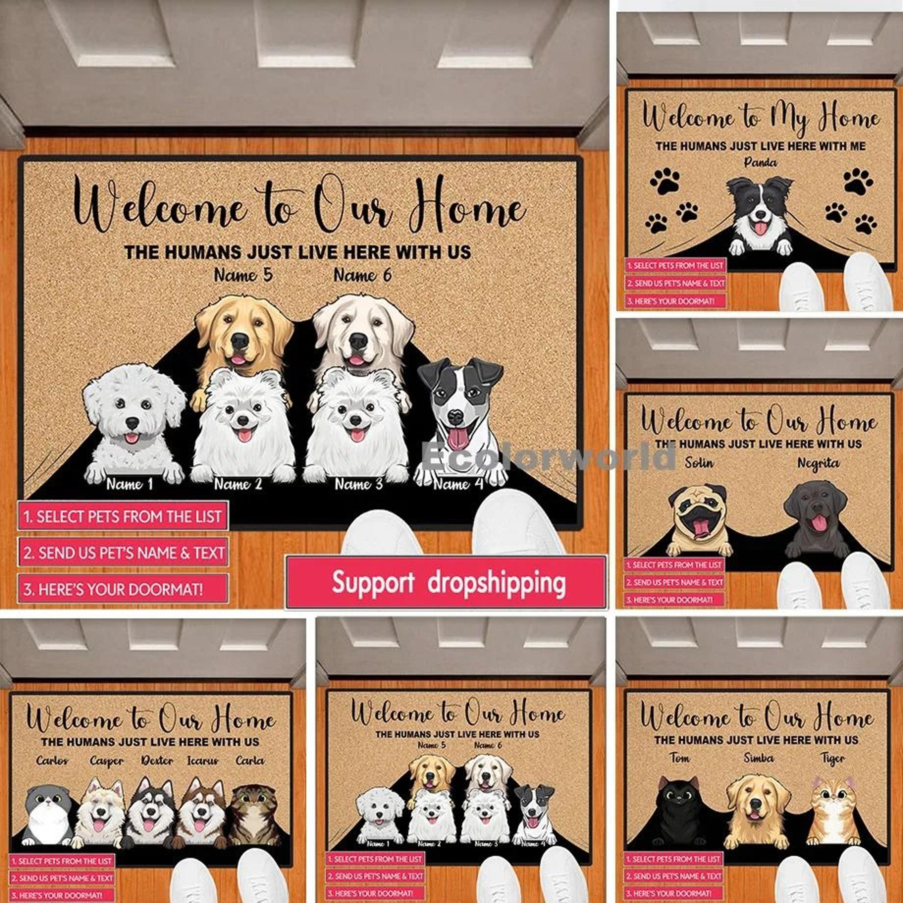 custom personalized pets cartoon doormat | bespoke dog & cat name welcome rug
