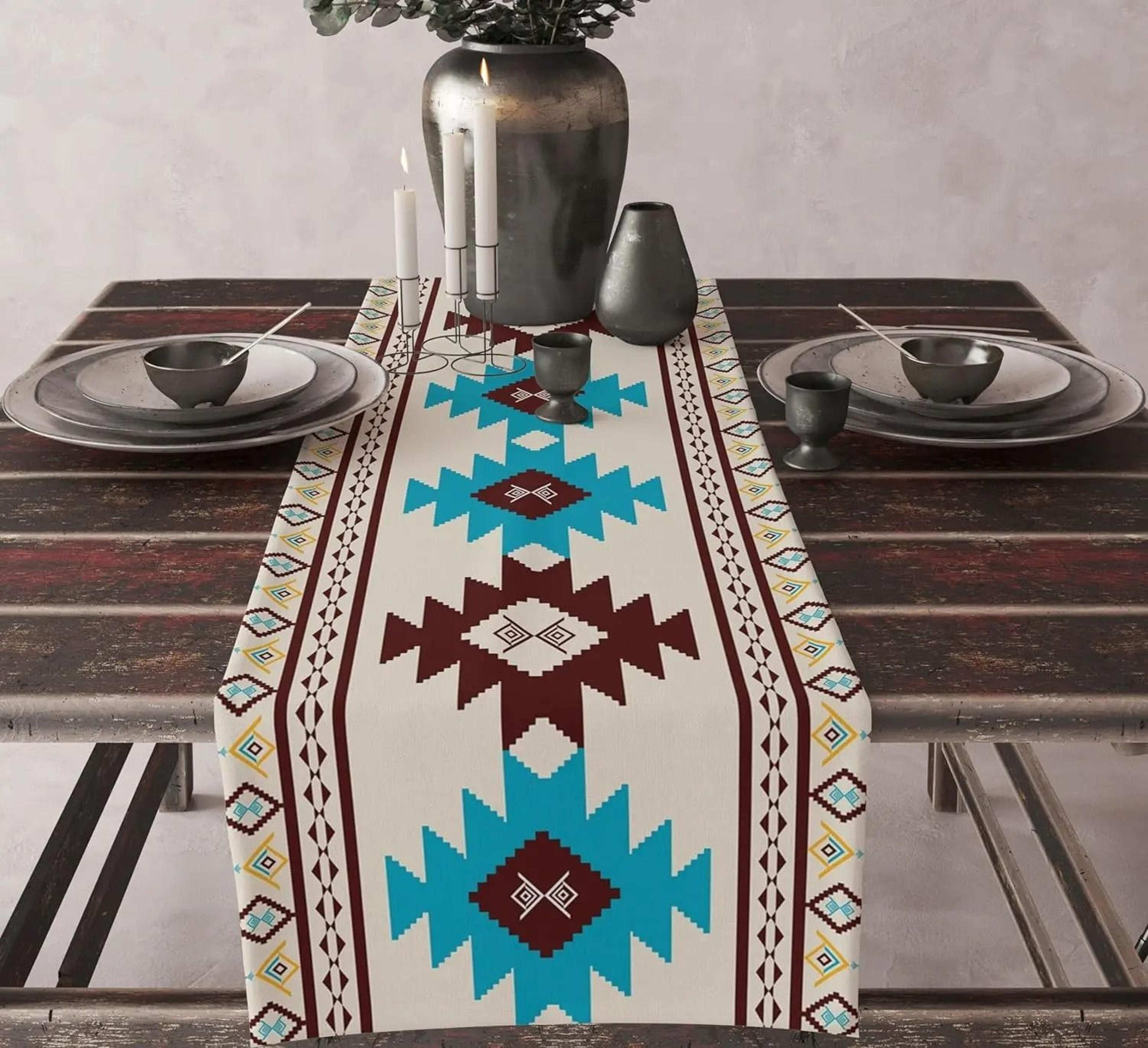aztec ethnic tribal table runner | boho geometric linen kitchen decor