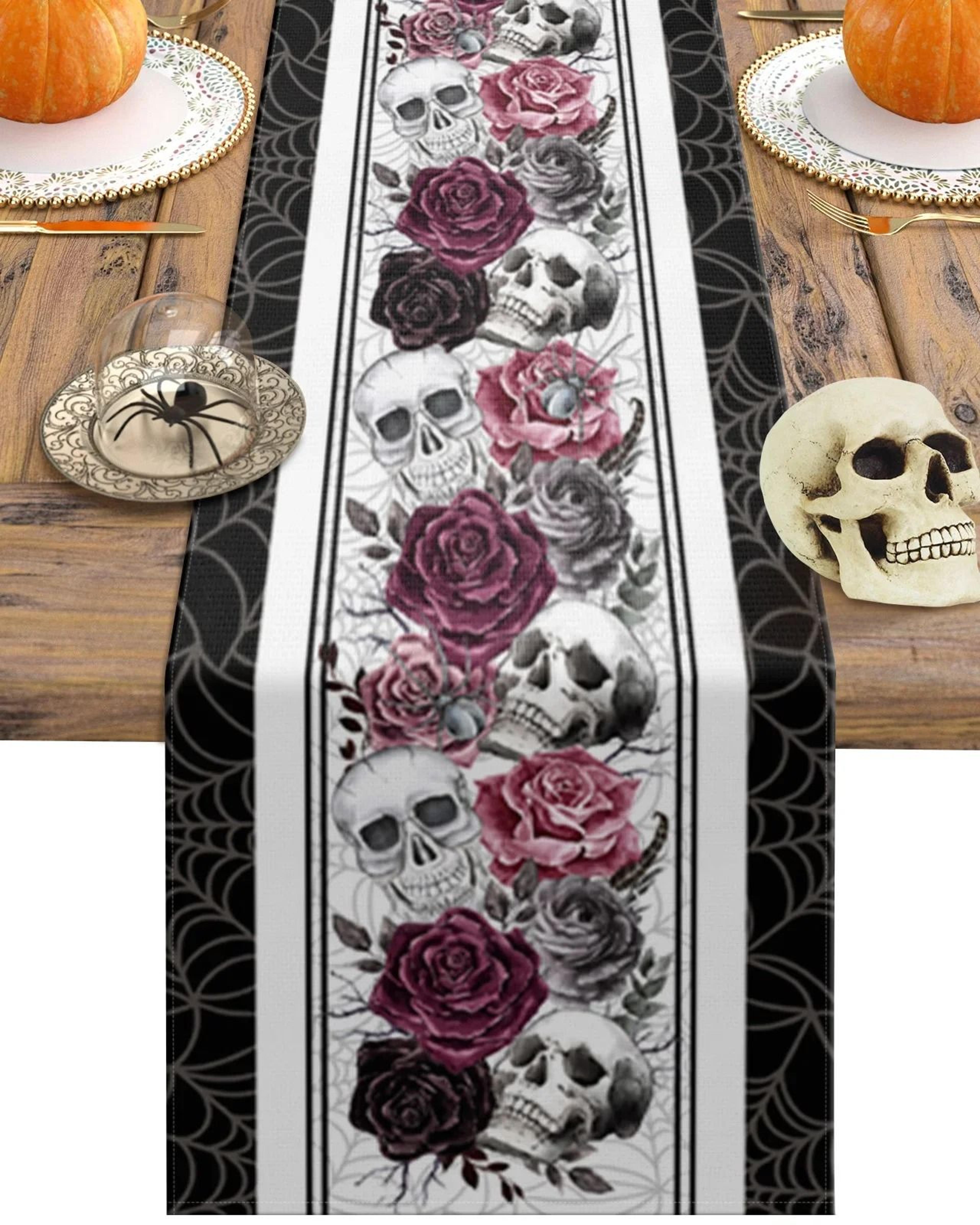 gothic halloween skull & crow linen table runner | dark rose floral holiday decor