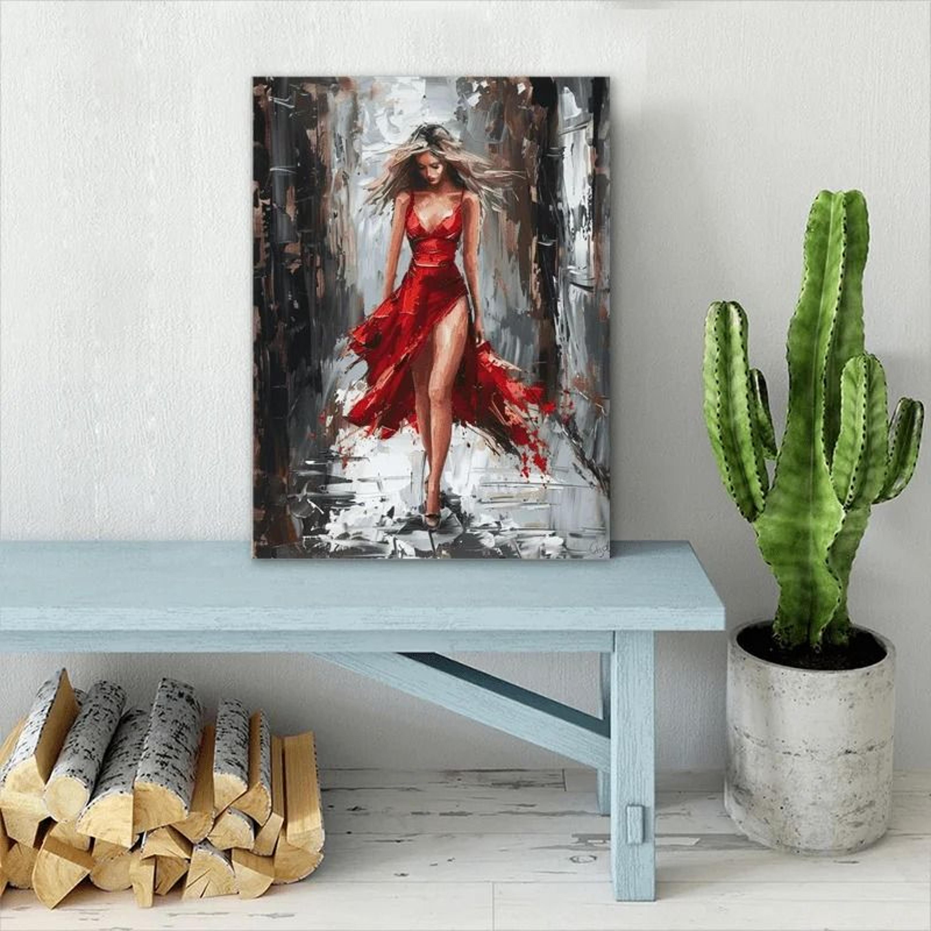 lady in red dress canvas Lady in Red Dress in Garden Painting Canvas Print, Woman in Red Poster, Woman in Scenic Garden Poster, Woman Bedroom Wall Decor