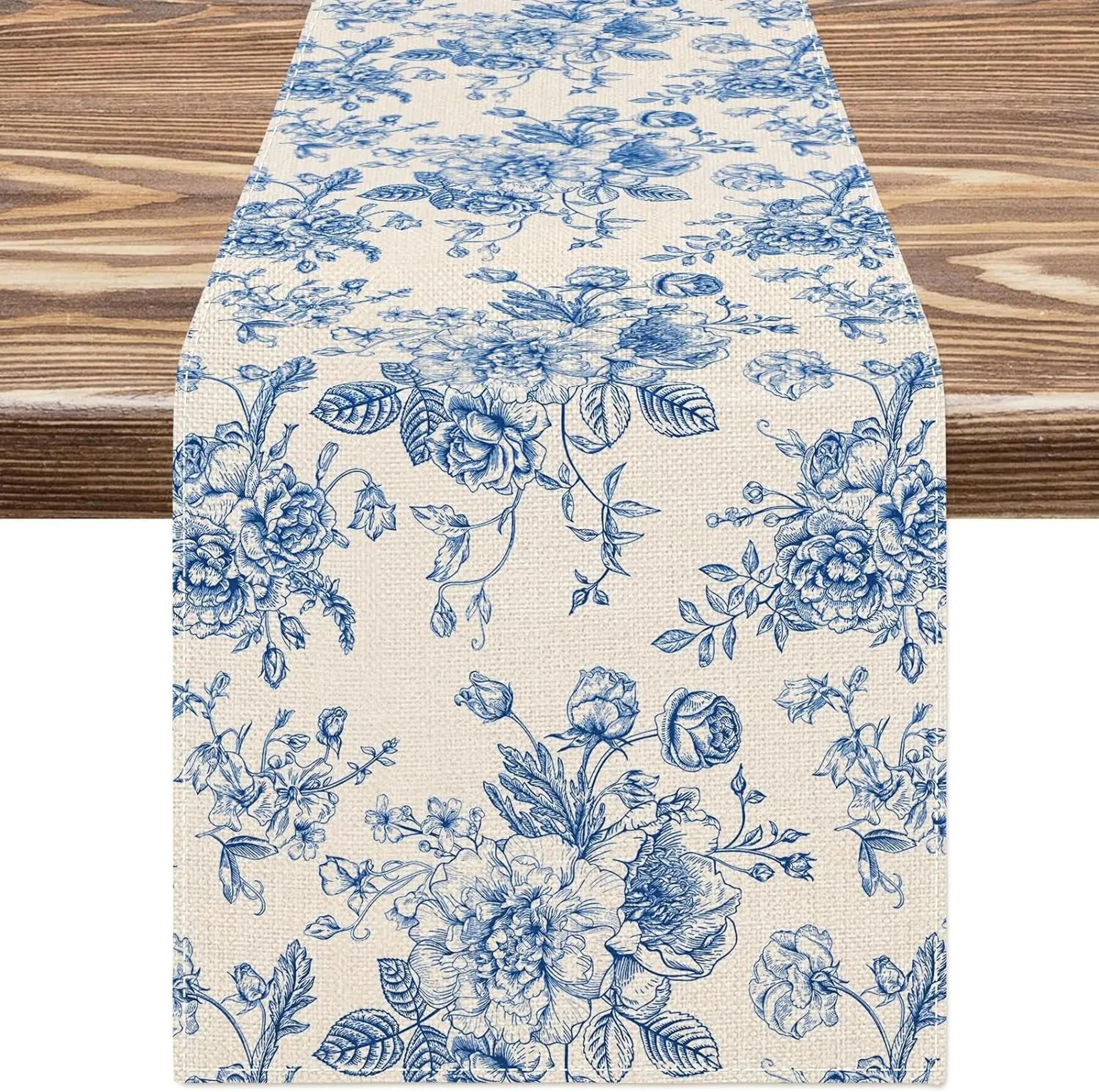 chinoiserie blue flower linen table runner | porcelain-style floral dining decor & dresser scarf
