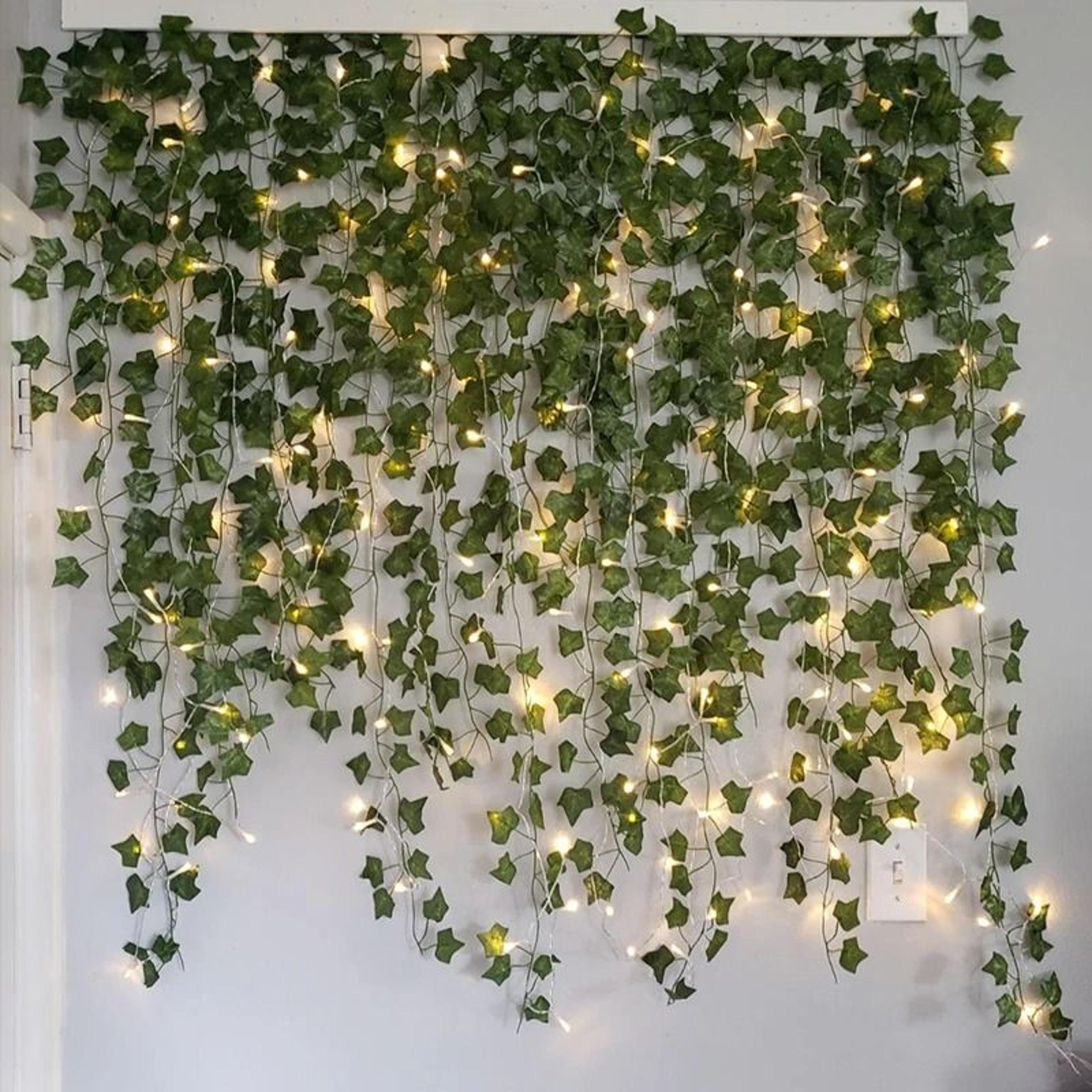 glowing ivy vine led string lights | artificial green leaf garland for dreamy room decor