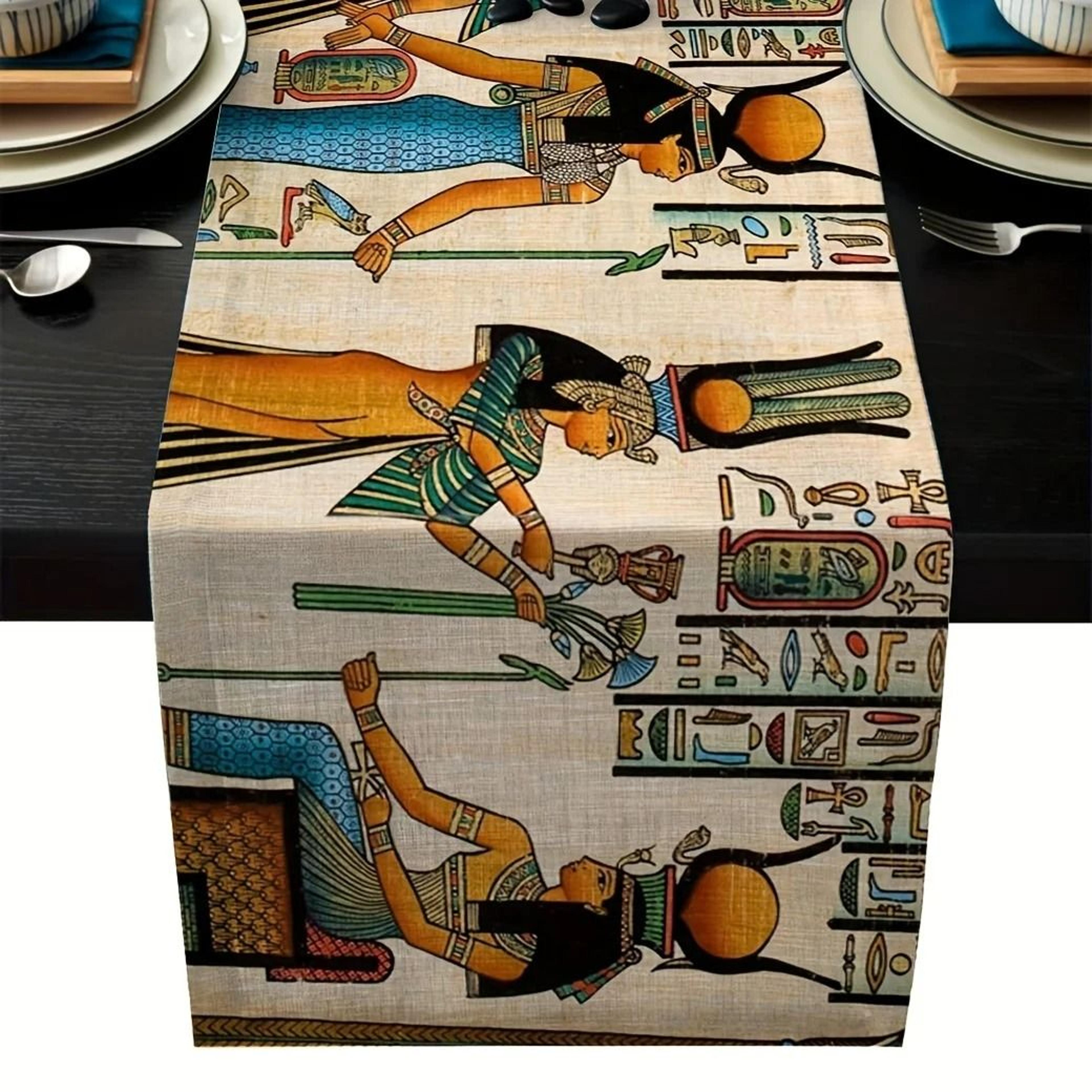 ancient egyptian mural table runner | ethnic linen pharaoh & hieroglyphic dining decor