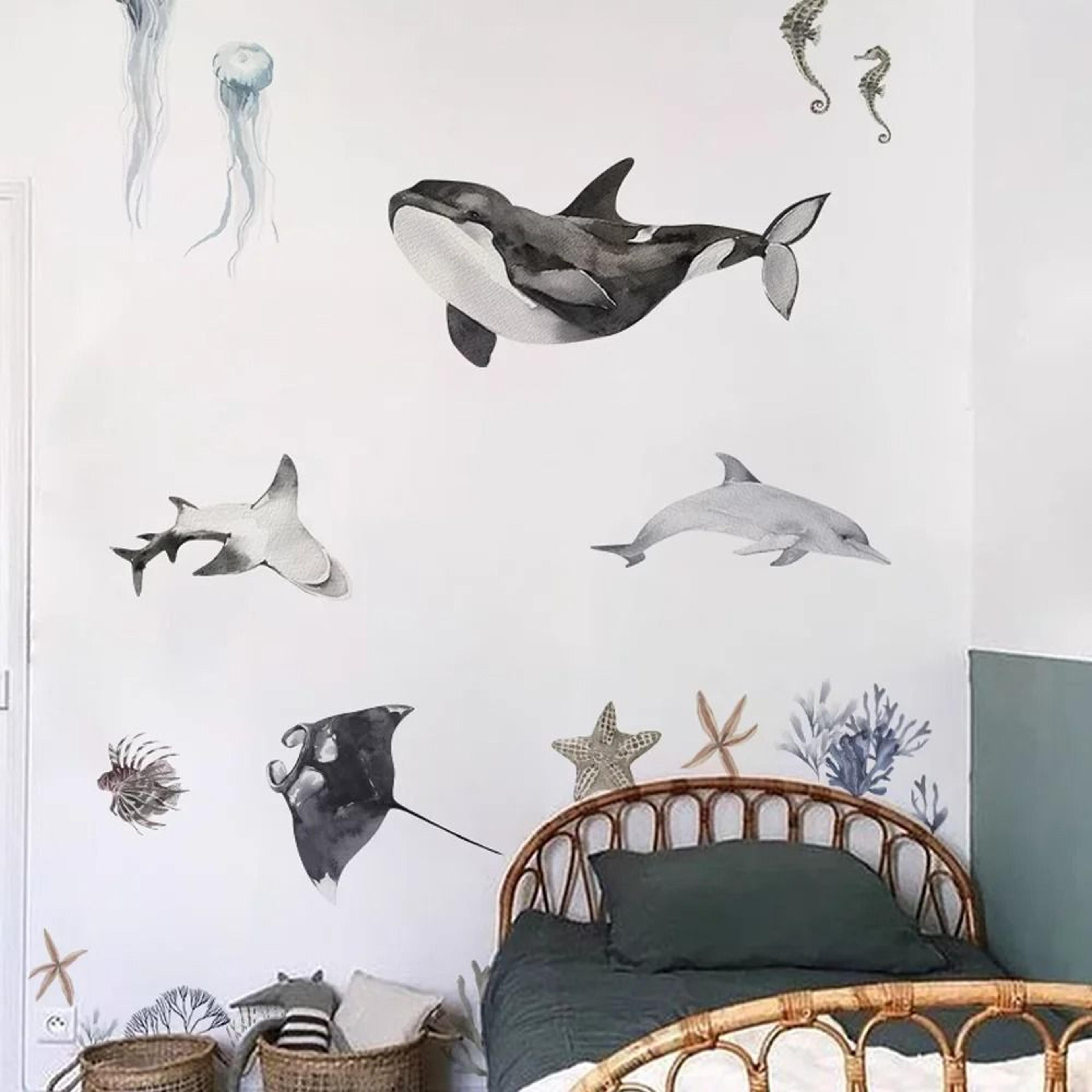 watercolor underwater world wall decals | waterproof coral & tropical fish stickers for nursery & bathroom