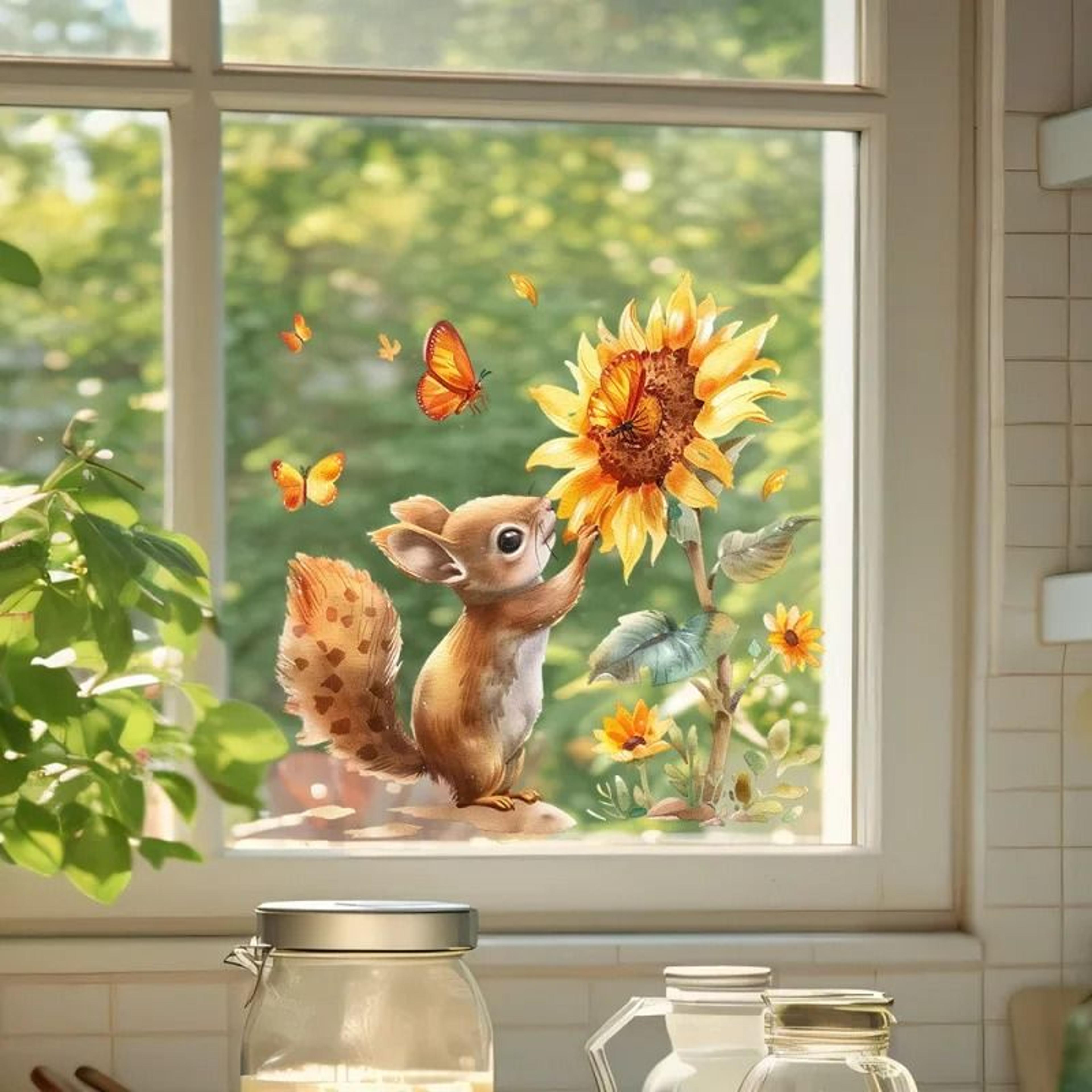 rustic watercolor squirrel & sunflower decal | 12-inch animal print for glass windows & nursery wall art