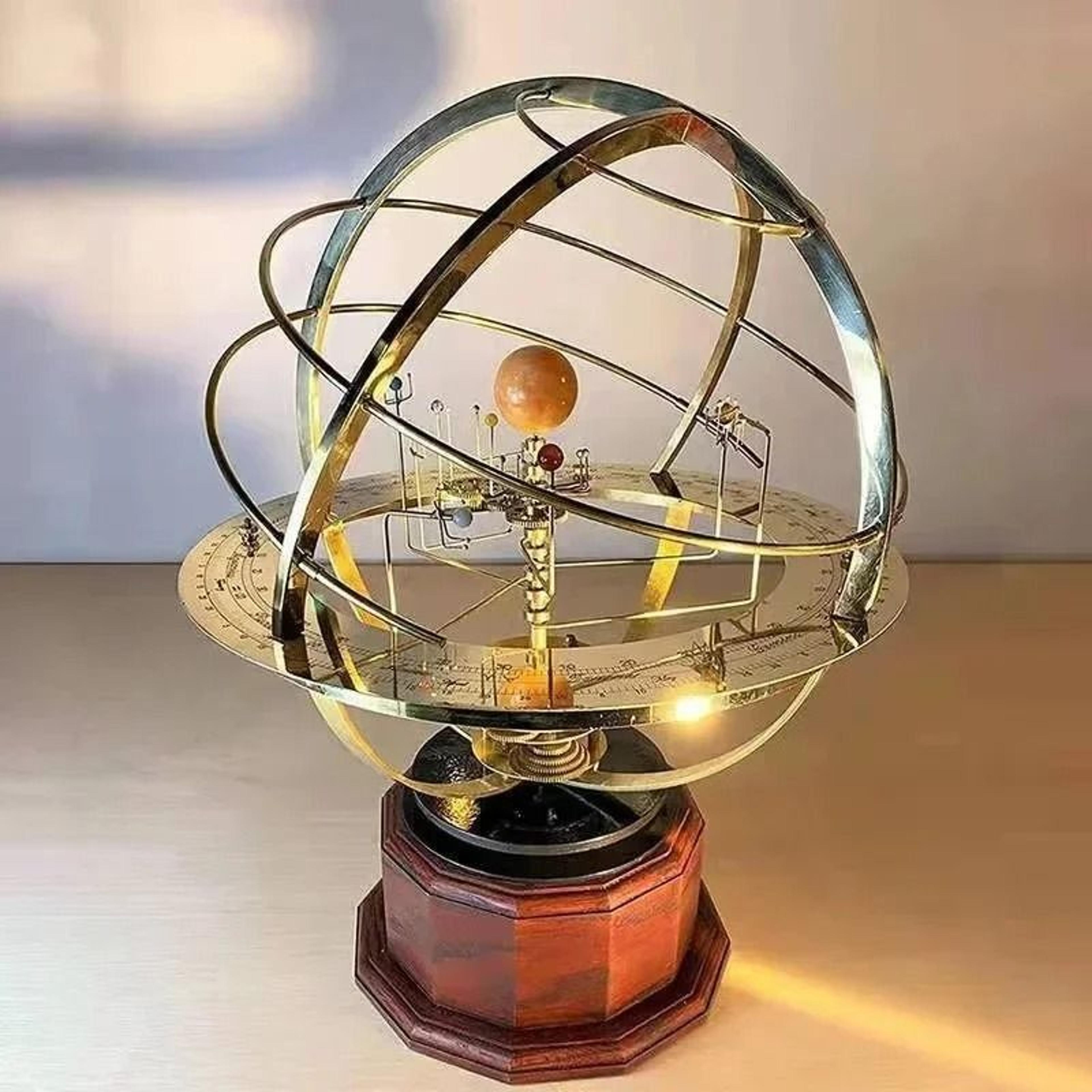 mechanical grand orrery solar system model | retro metal astronomical sculpture for executive desk & study decor