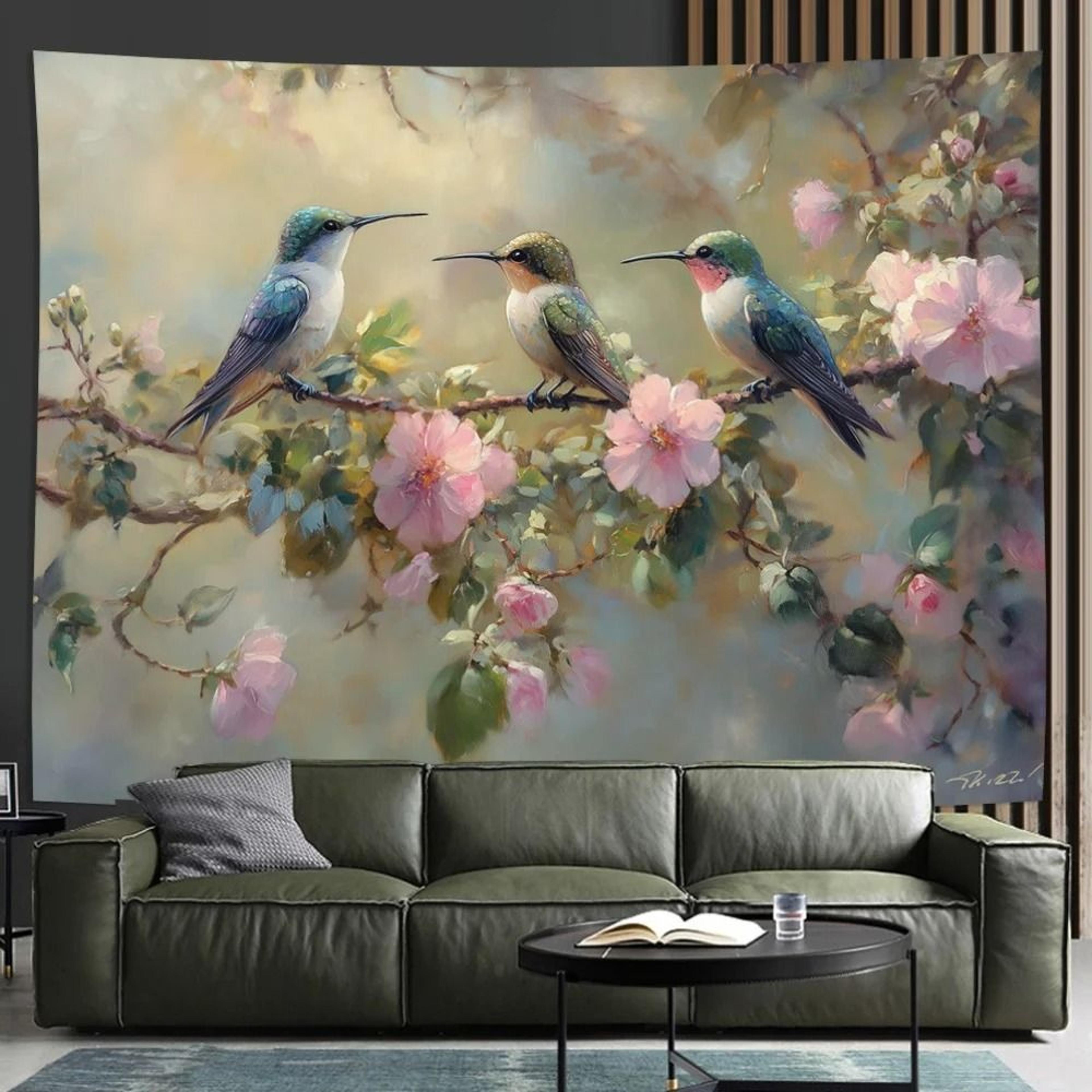 majestic hummingbird & soft floral tapestry | elegant botanical wall hanging for bedroom, office & studio decor