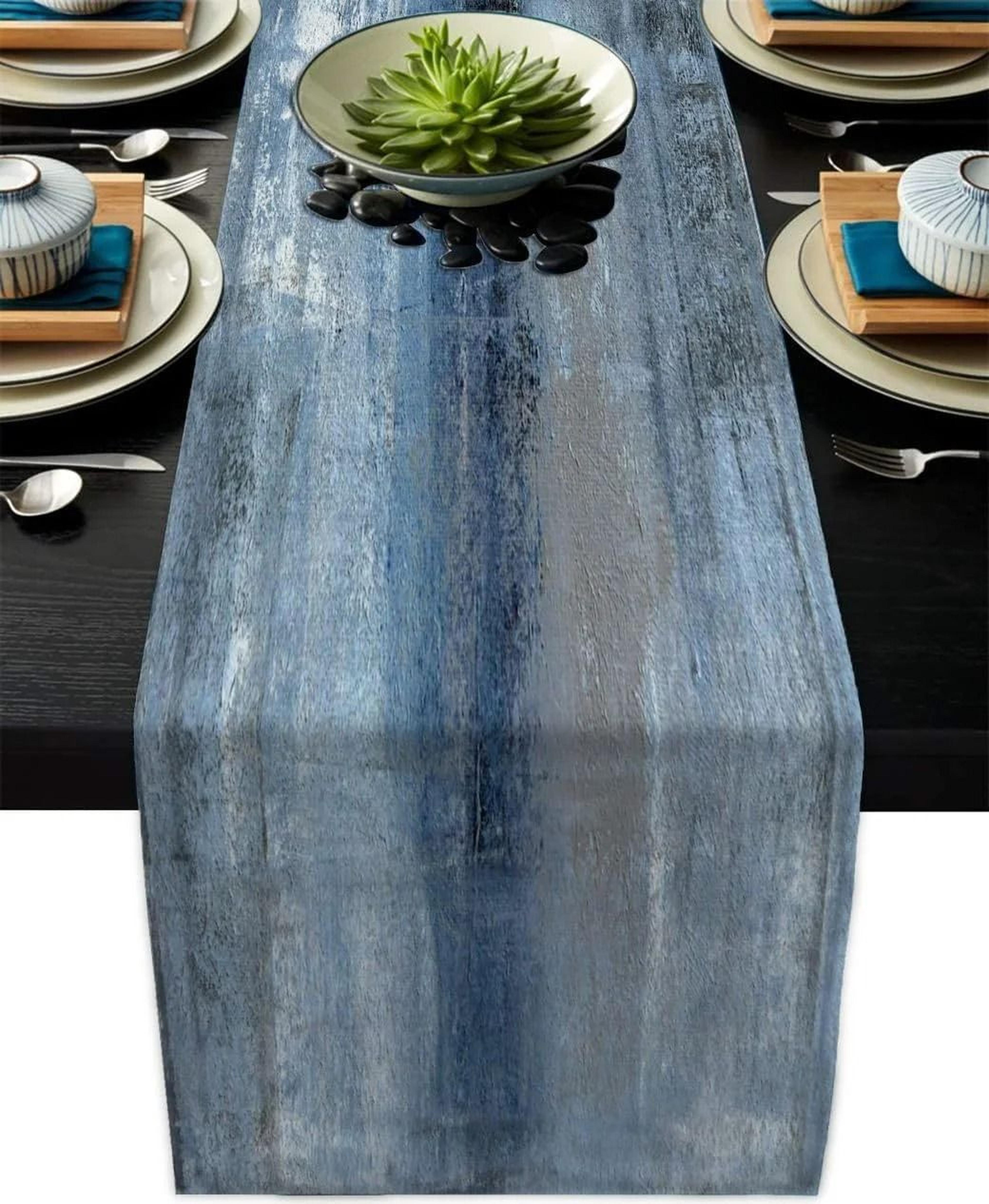 vikama retro tie-dye linen table runner | rustic farmhouse textile for modern kitchen & holiday party decor