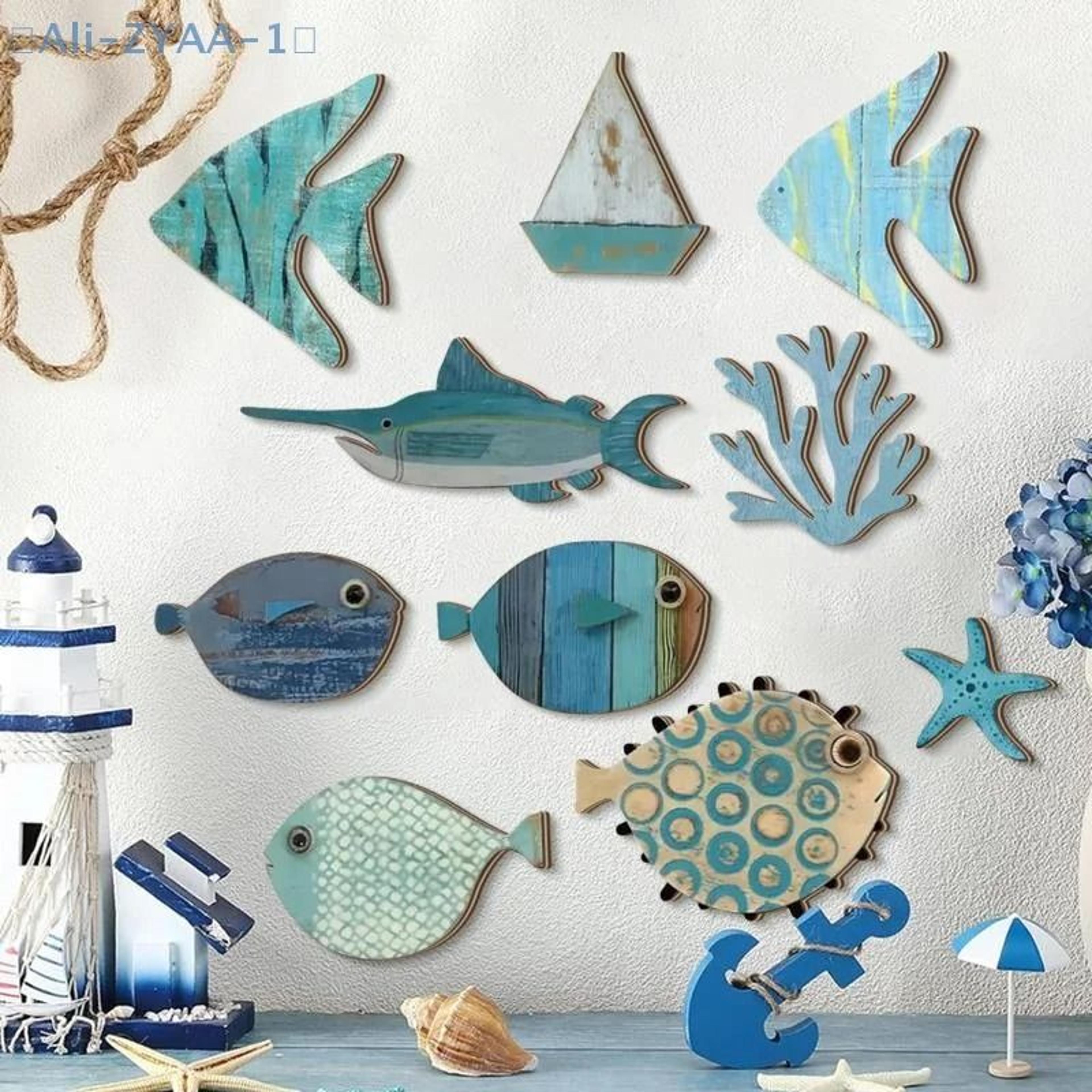 wooden fish wall decor set | 10pcs nautical coastal hanging art for beach theme bathroom & home decoration