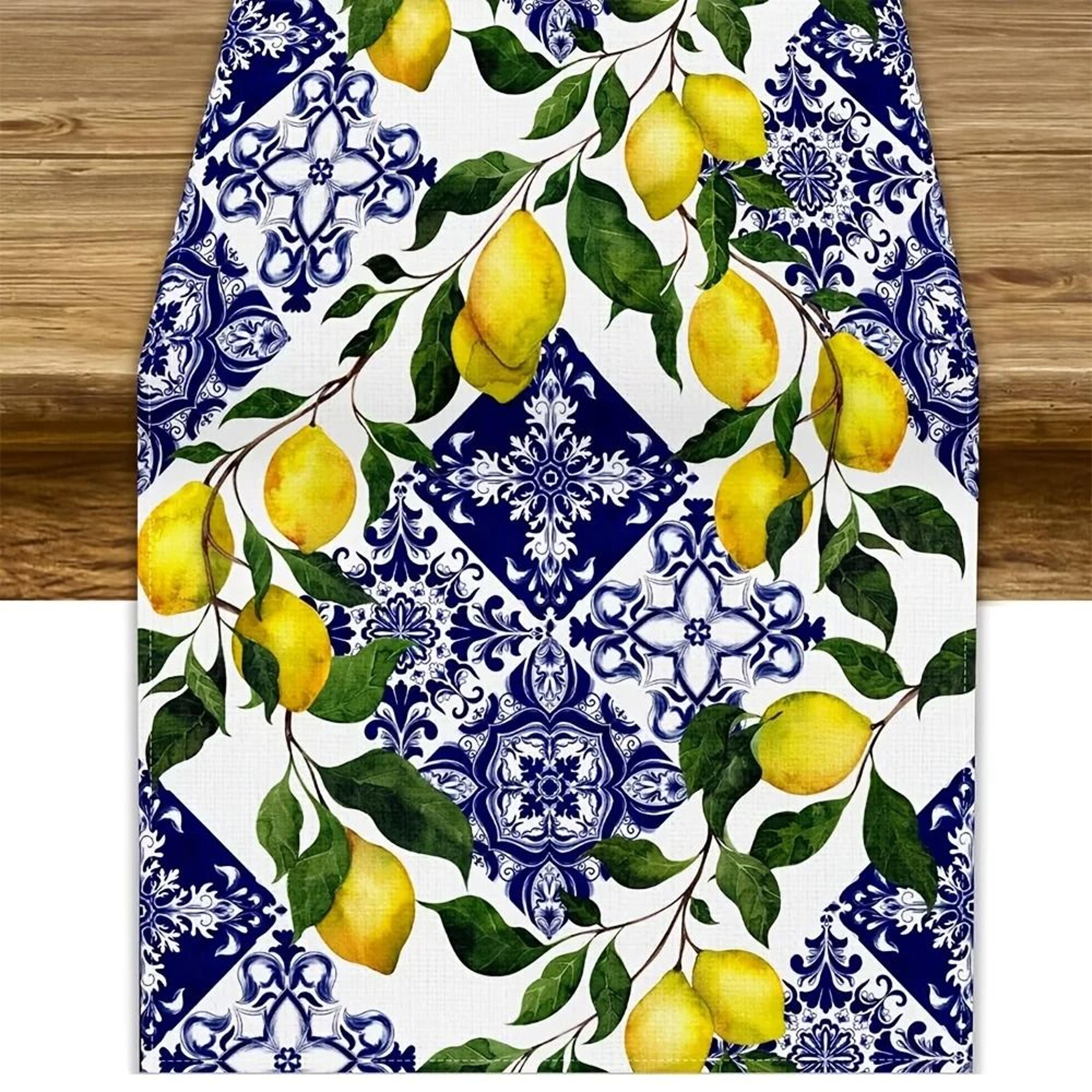 blue tile lemon linen table runner | summer floral dresser scarf for holiday party & mediterranean home decor