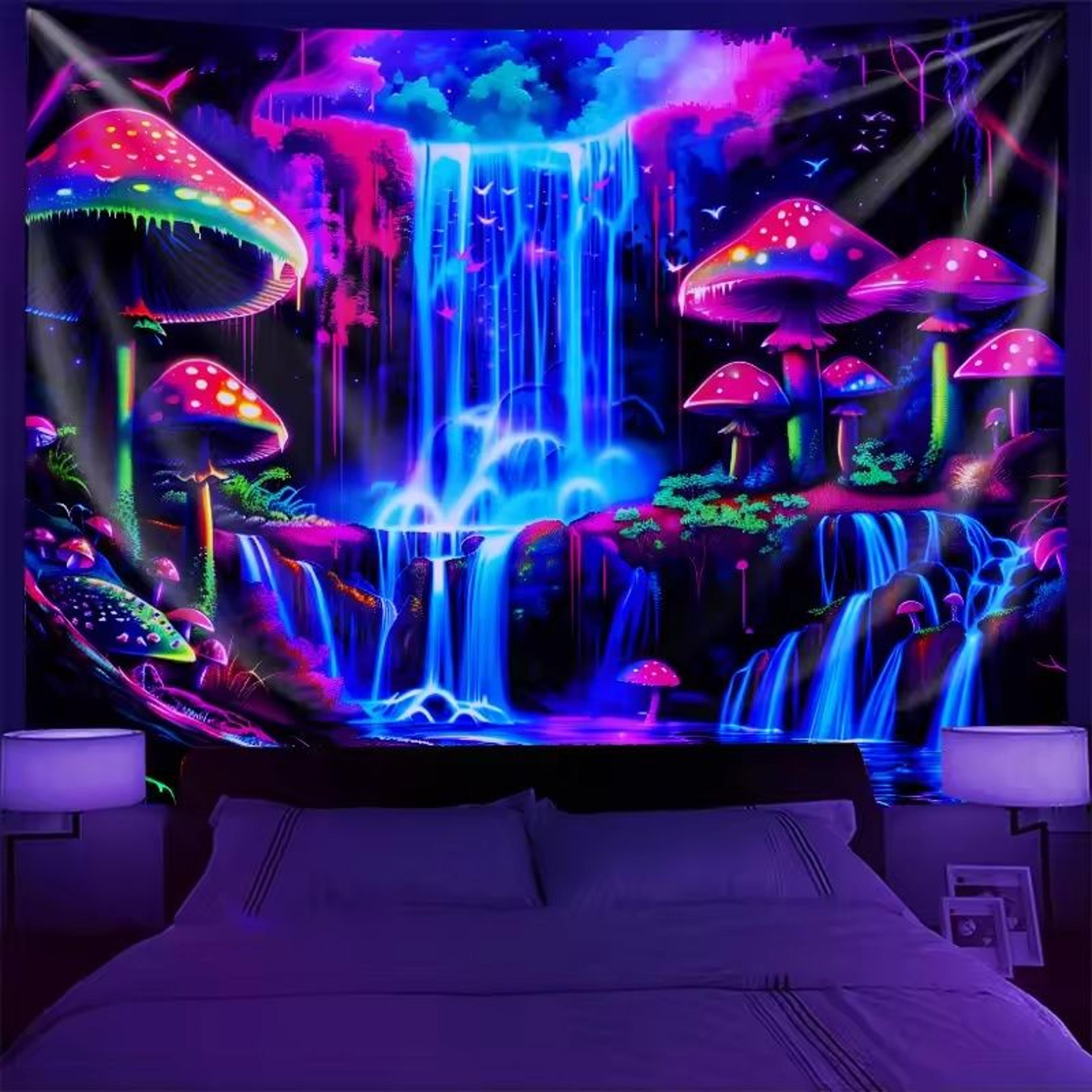 vikama psychedelic forest tapestry | cyberpunk waterfall wall art | neon decor for gaming room & bedroom