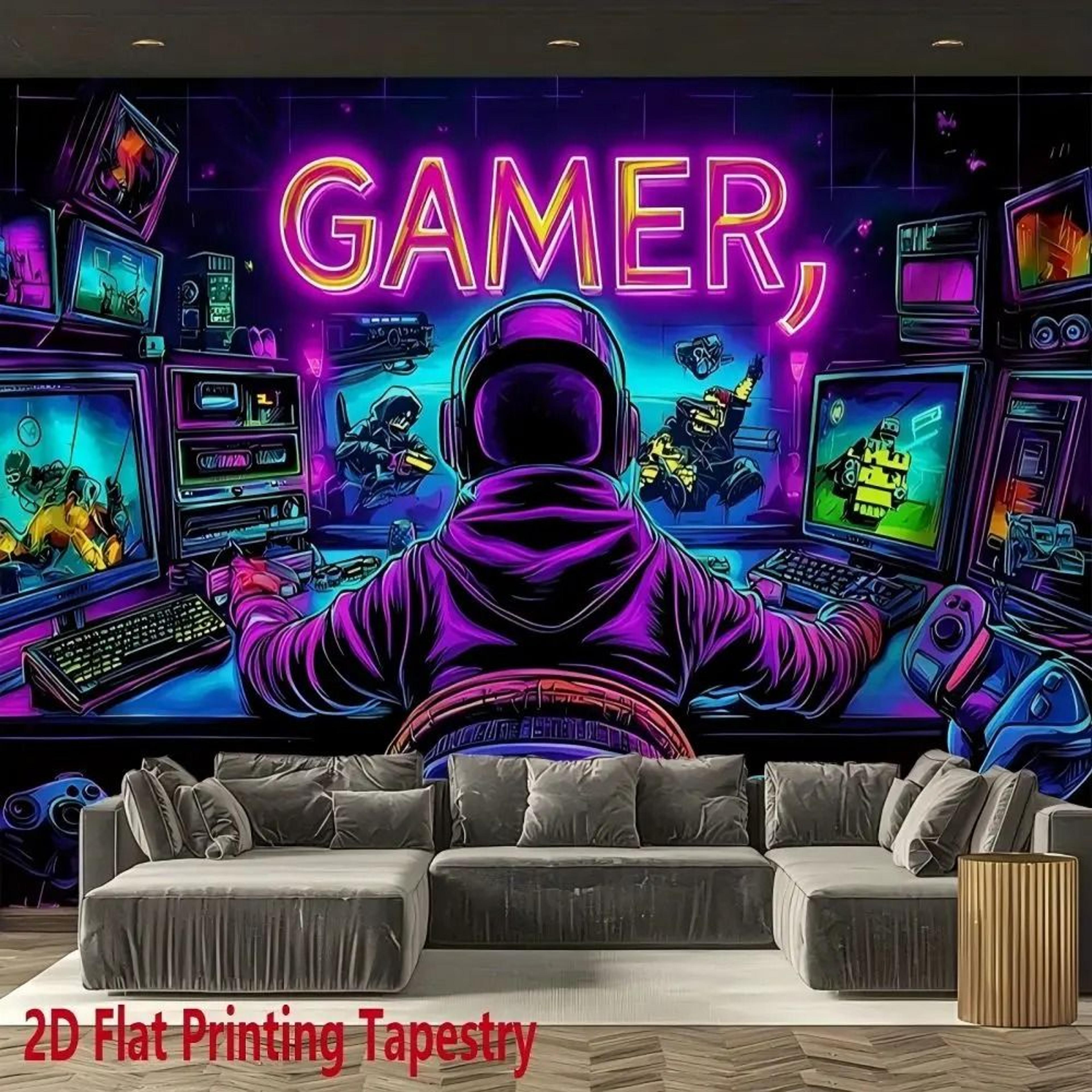 vikama "gamer" fluorescent wall tapestry | neon e-sports room decor | cyberpunk background for gaming & party