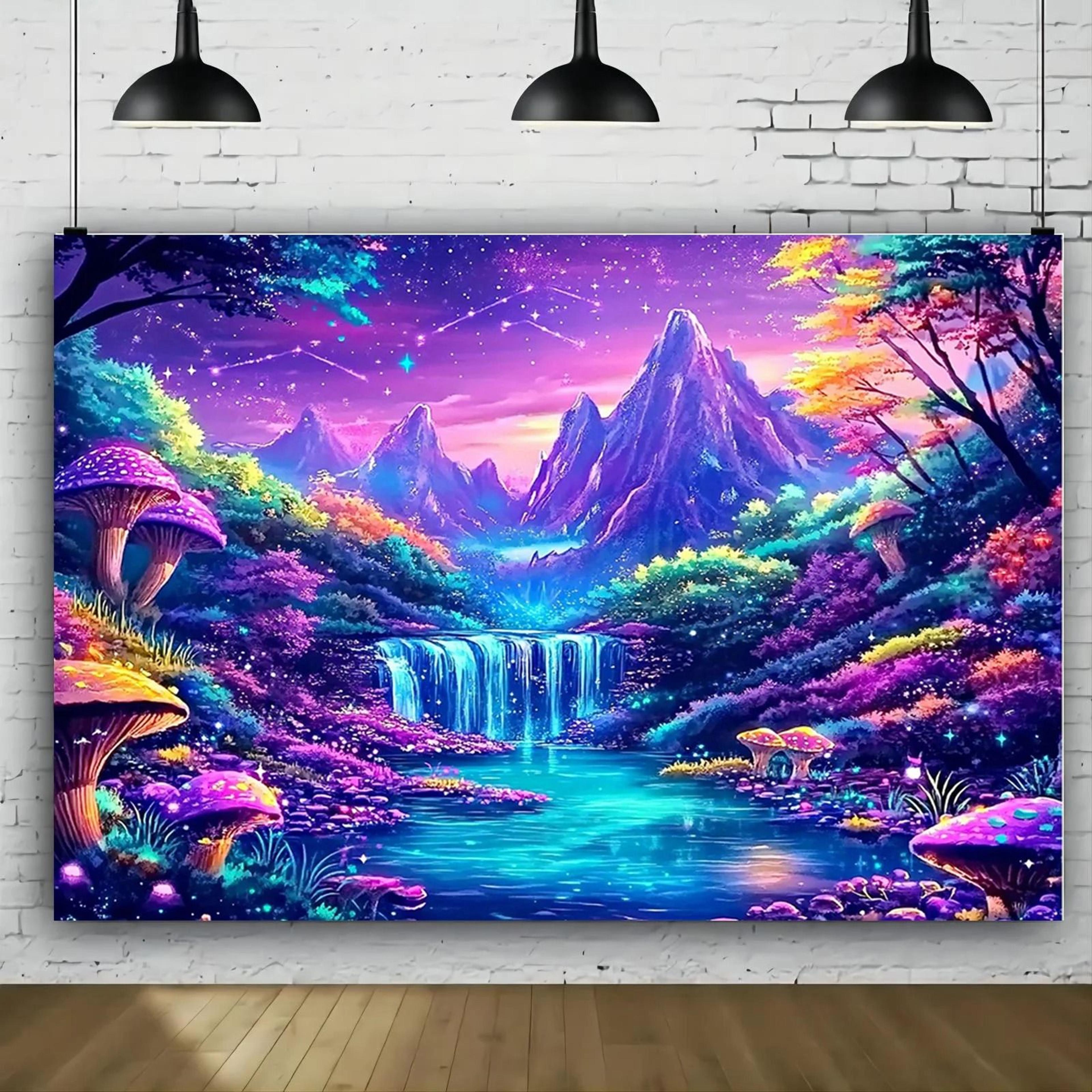vikama fantasy forest glow tapestry | magic mushroom wall hanging | neon decor for bedroom, dorm & party