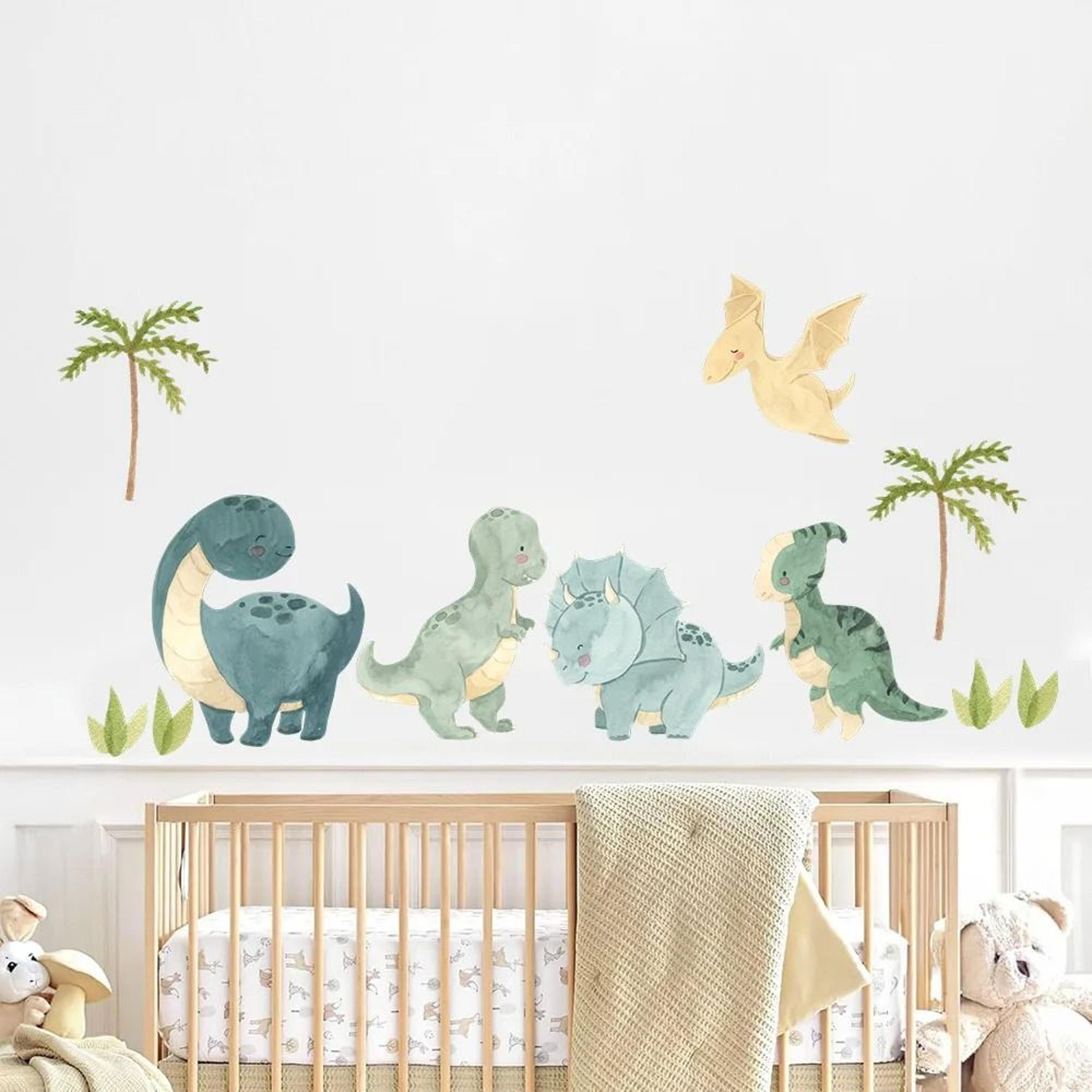 watercolor dinosaur forest wall decals | adventure jungle tree murals | whimsical nursery decor for kids & baby