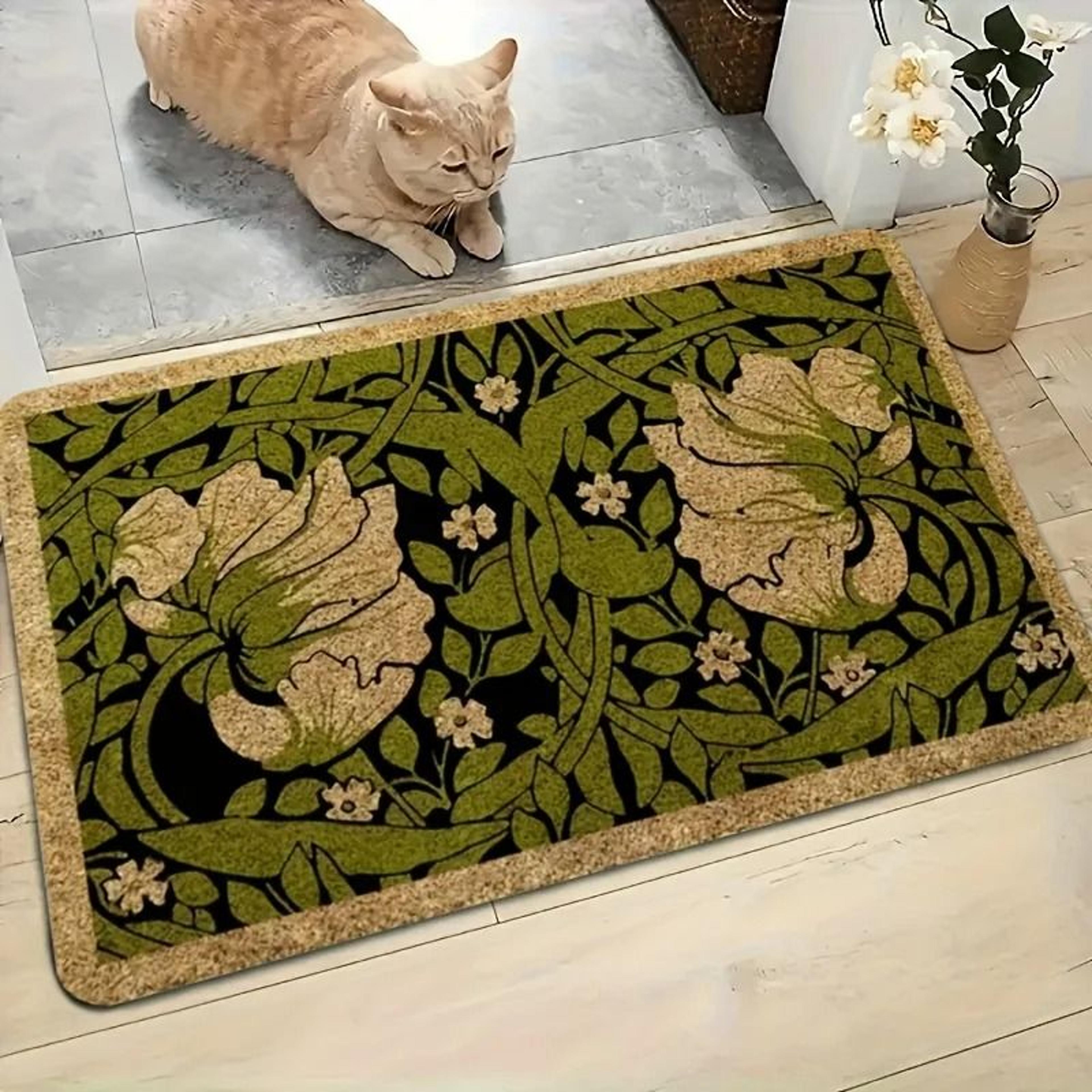 botanical welcome floral doormat | green indoor plant decoration | machine washable rug for bedroom & hallway