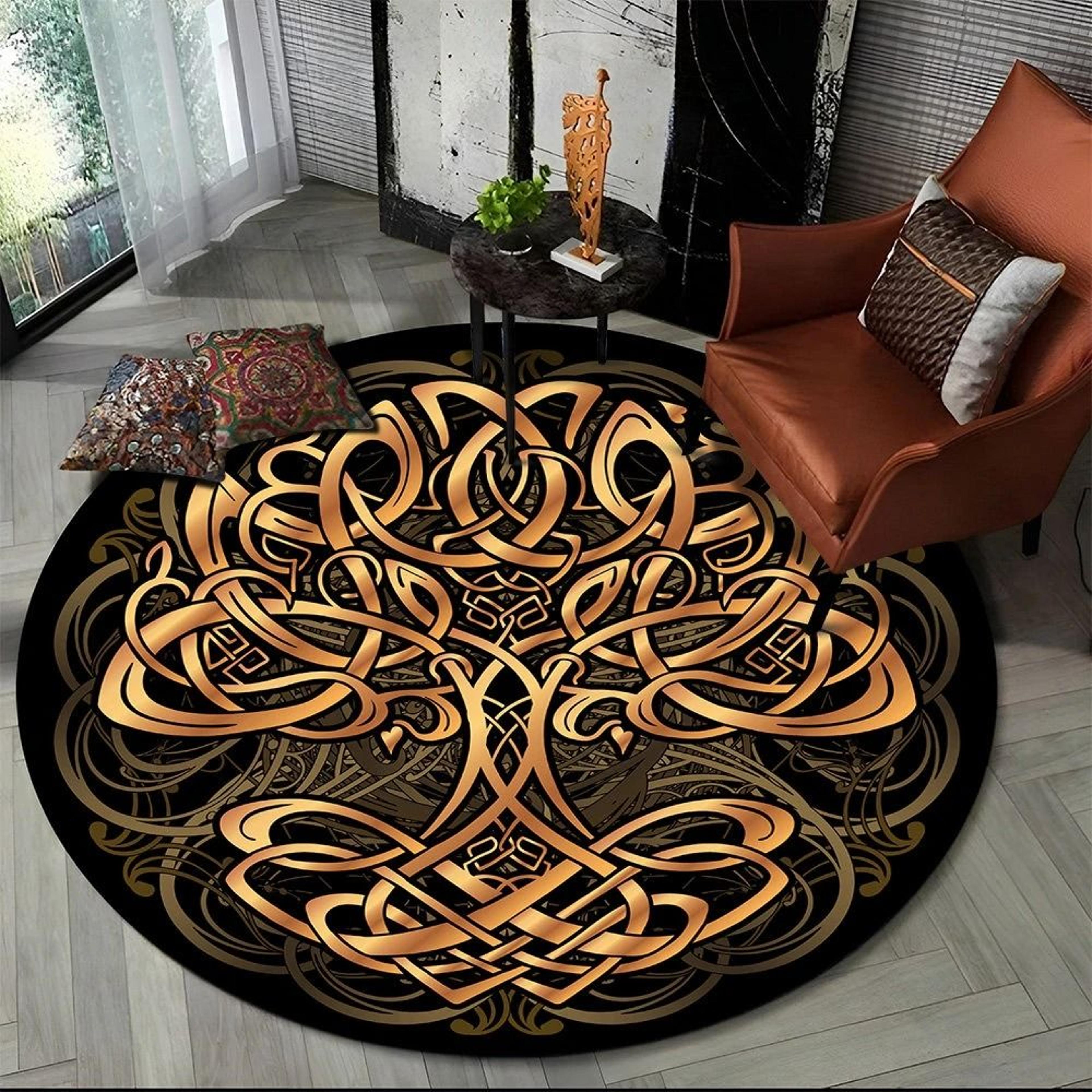 viking valknut yggdrasil round rug | nordic tree of life carpet | mythic non-slip floor mat