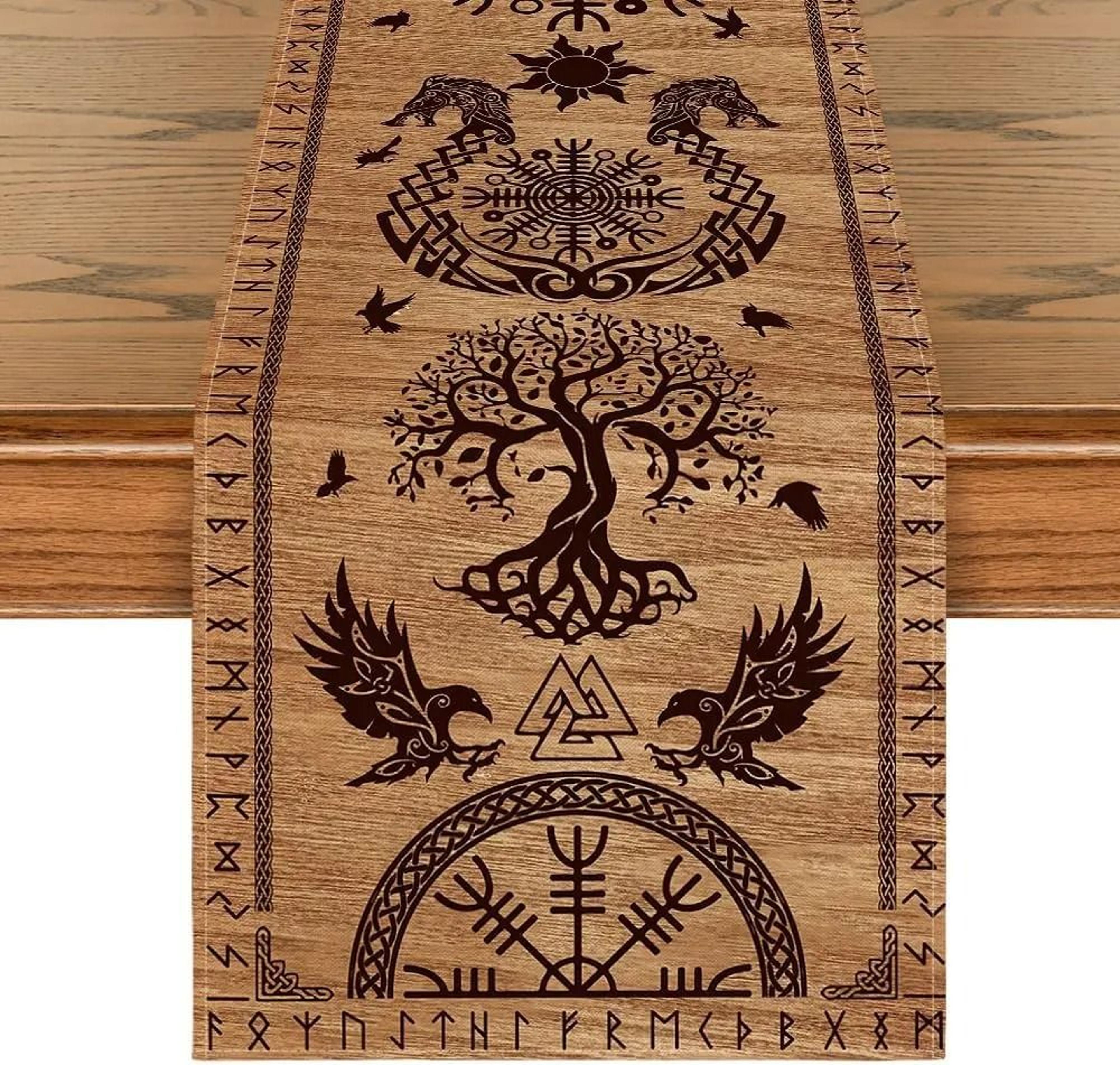 viking raven & helmet of awe table runner | nordic mythology linen decor | reusable medieval kitchen runner
