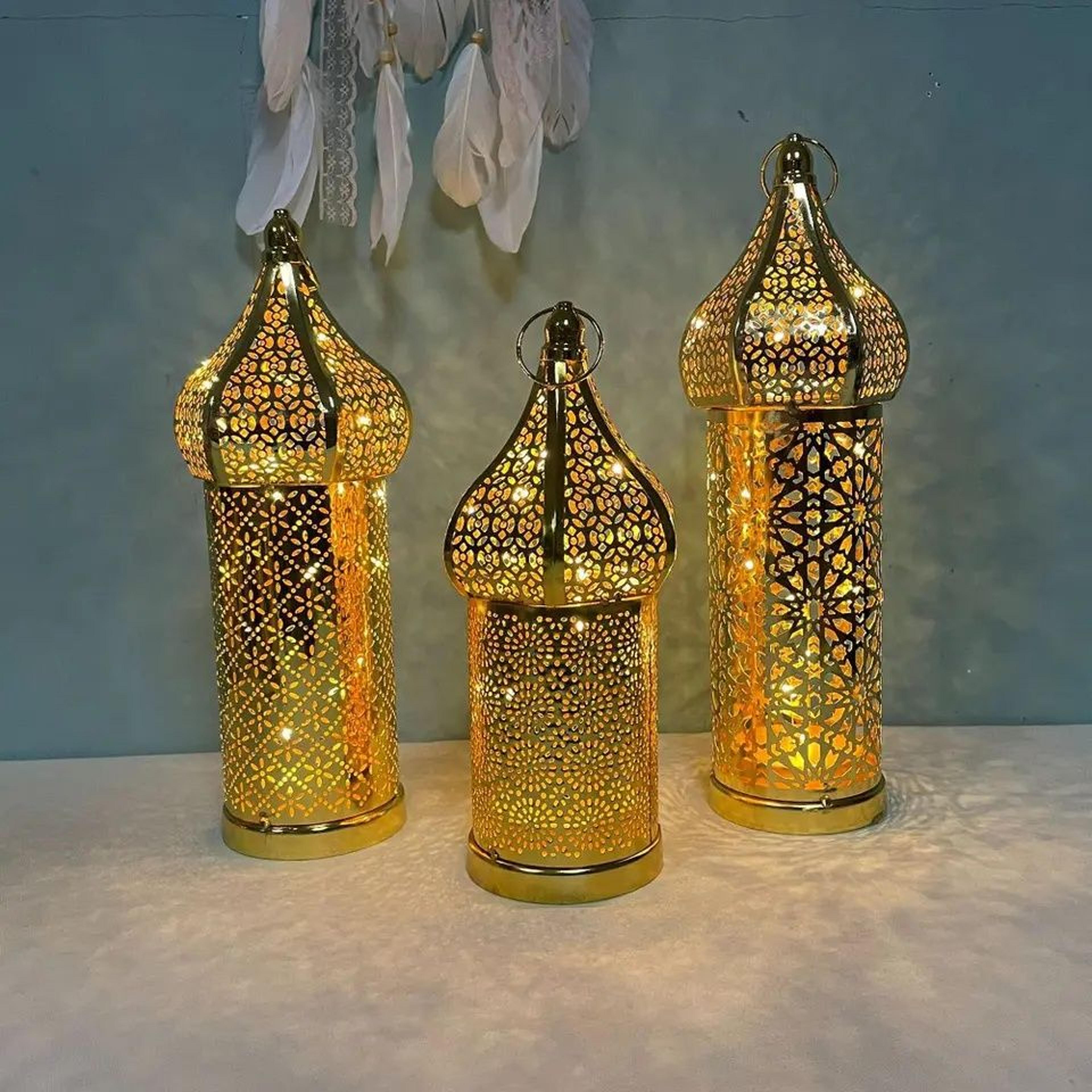 moroccan golden hollow iron lantern | led ramadan light ornament | large traditional gold home craft decoration