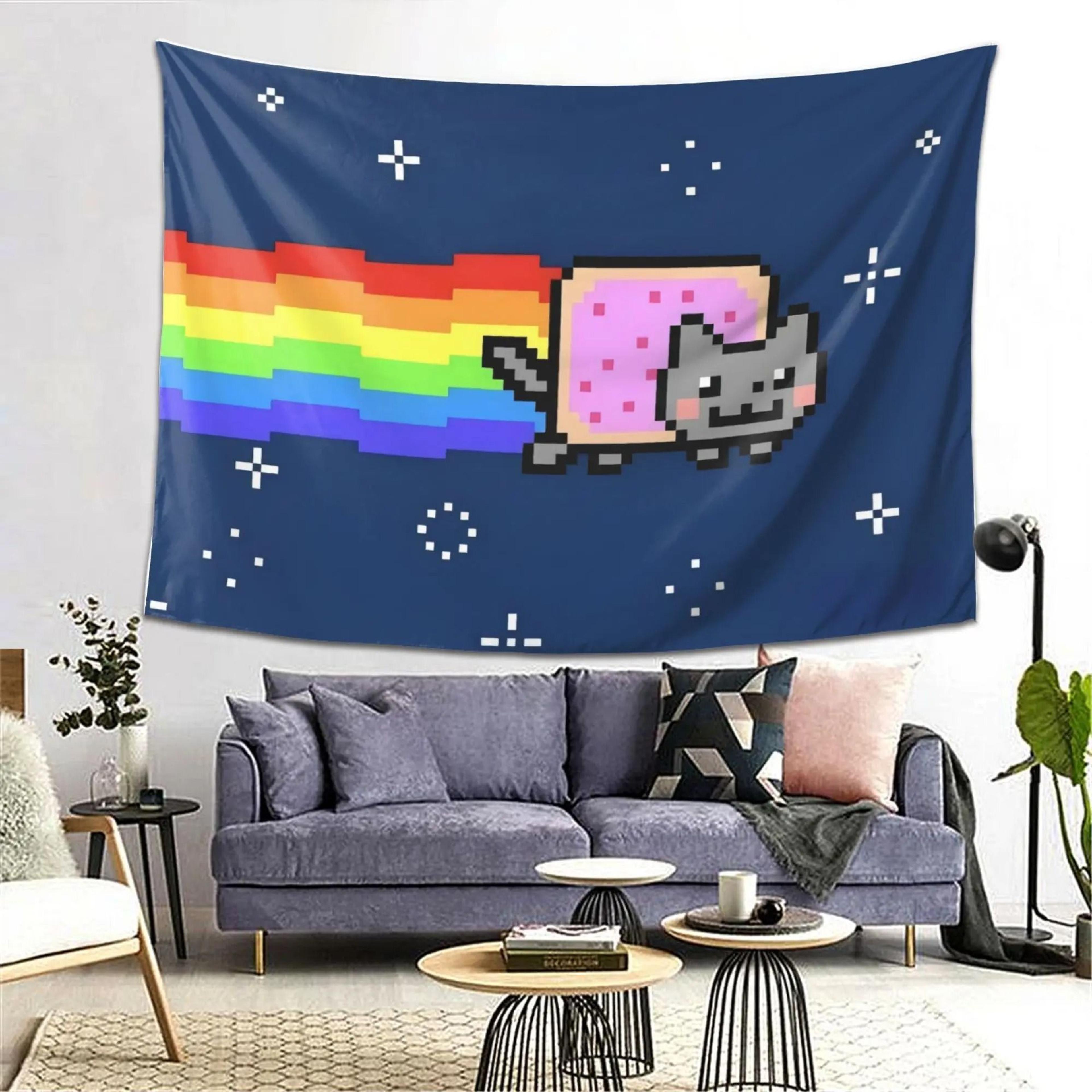 nyan cat pixel art tapestry | retro 2d pop culture wall hanging | playful nostalgic gaming room decor