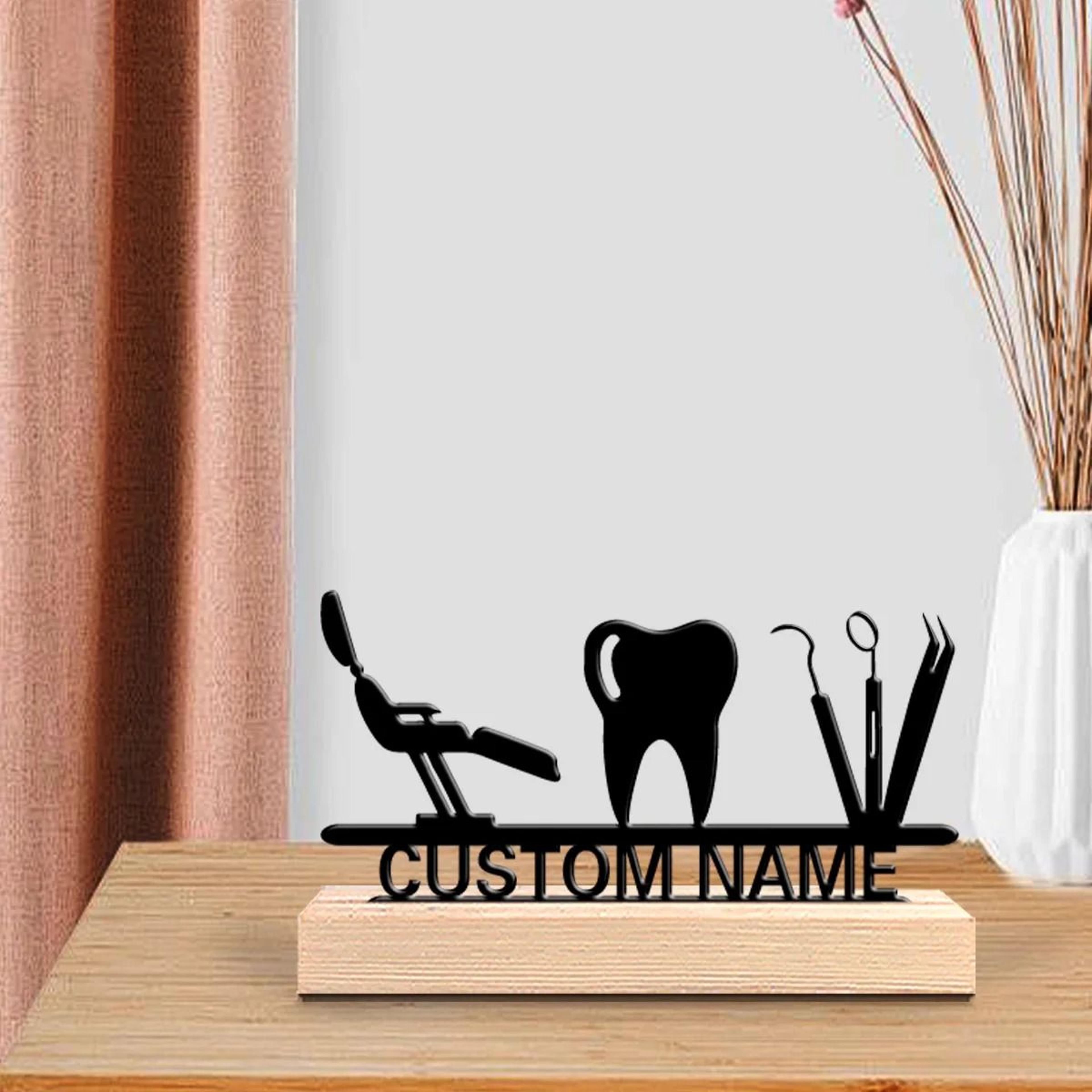 personalized dentistry metal art sculpture | custom name dentist desk sign | professional clinic decor with solid wood b