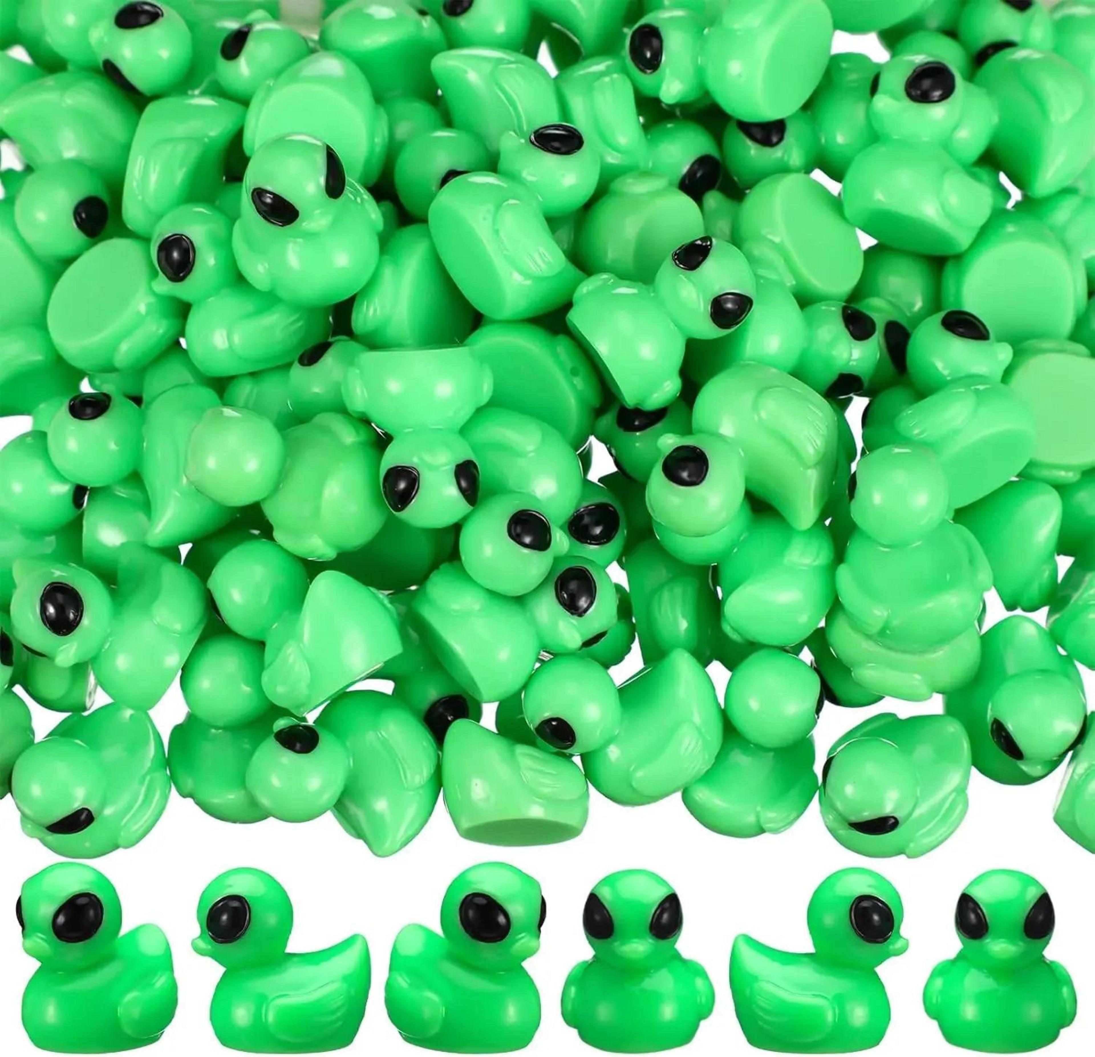 sci-fi green alien mini ducks | 50pc ufo galactic figurines | cosmic halloween party favors & desktop decor