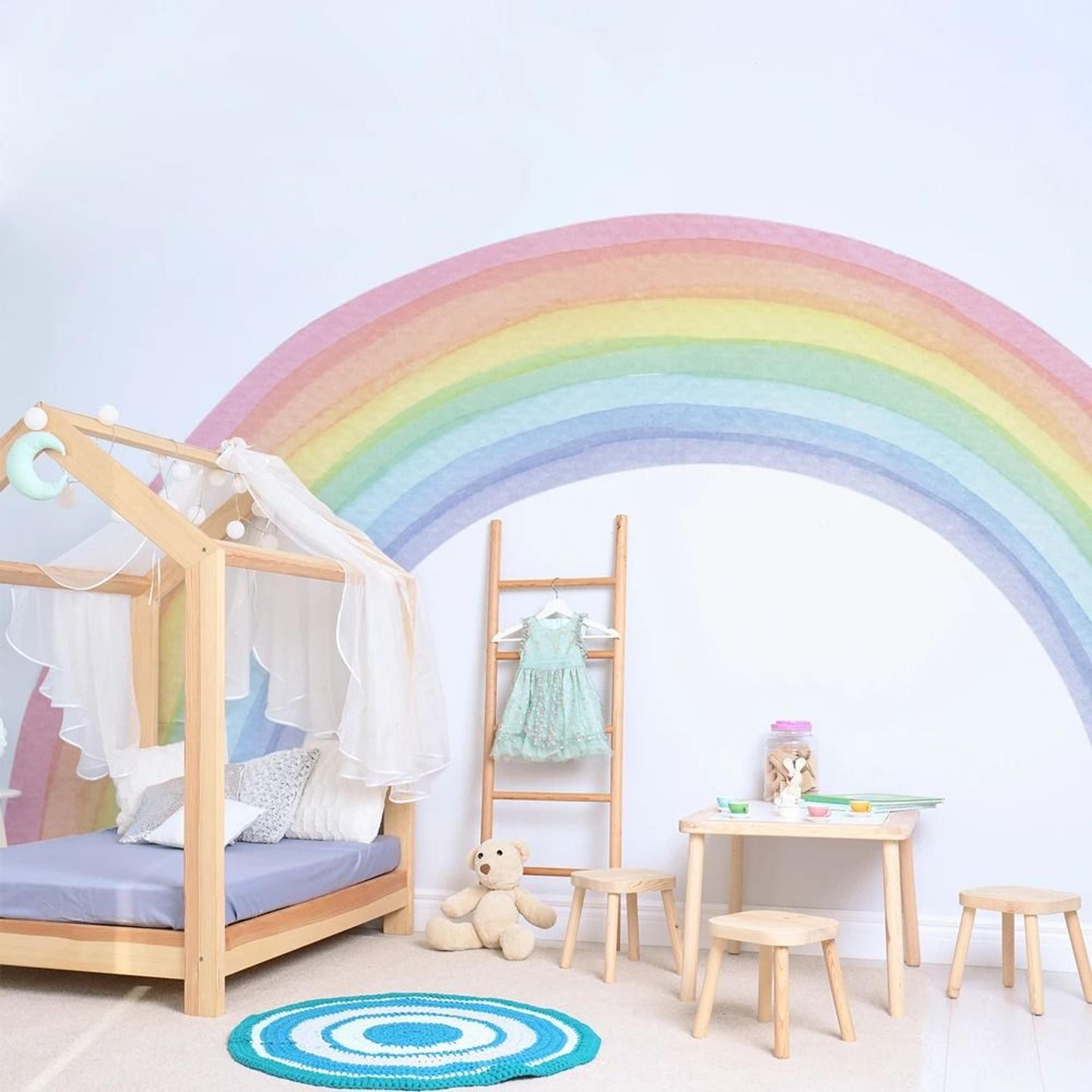 grand pastel rainbow mural | large scale nursery wall decals | professional playroom & baby shower sanctuary decor