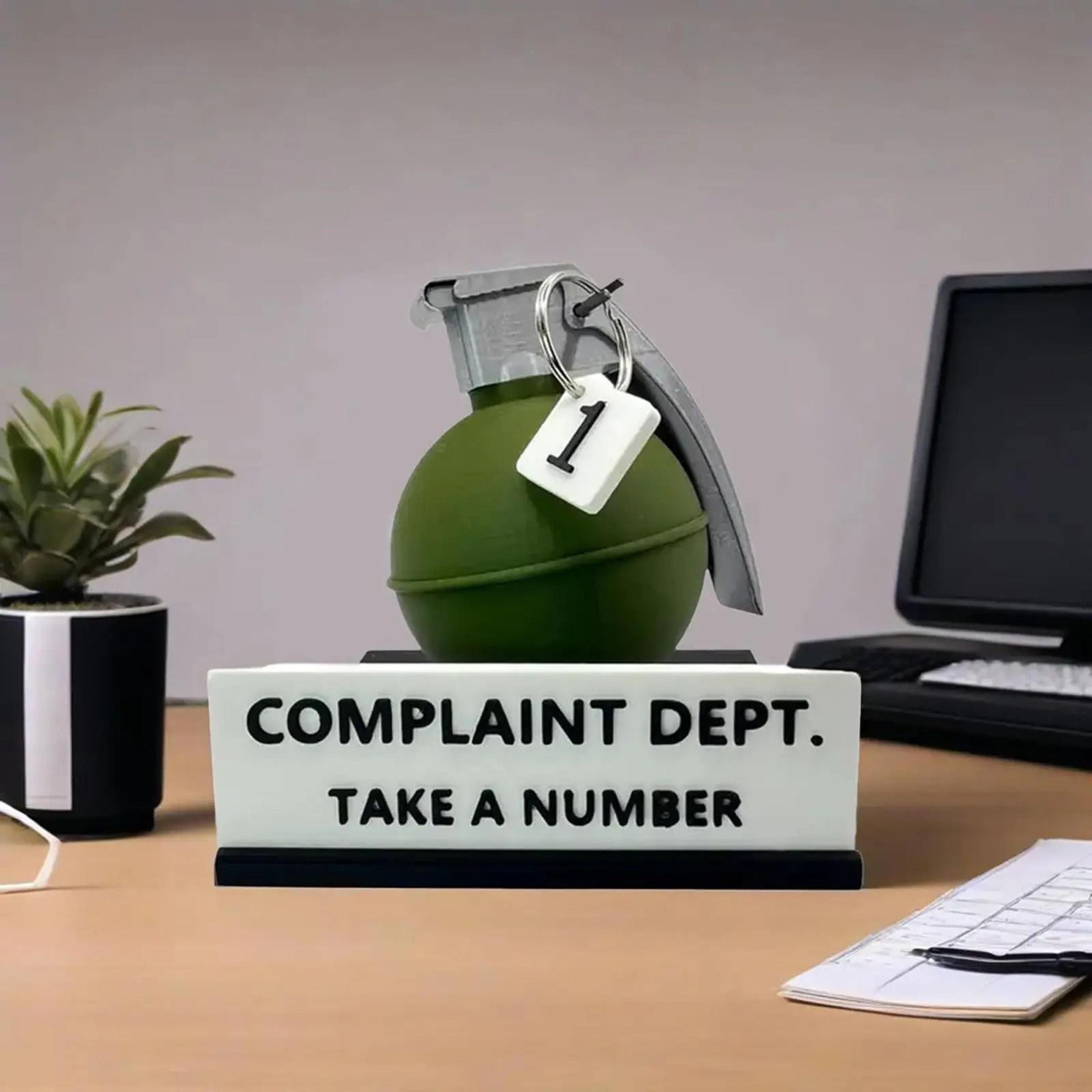 funny complaint dept desk sign | 3d printed grenade prank gift | professional executive office humour & sanctuary decor