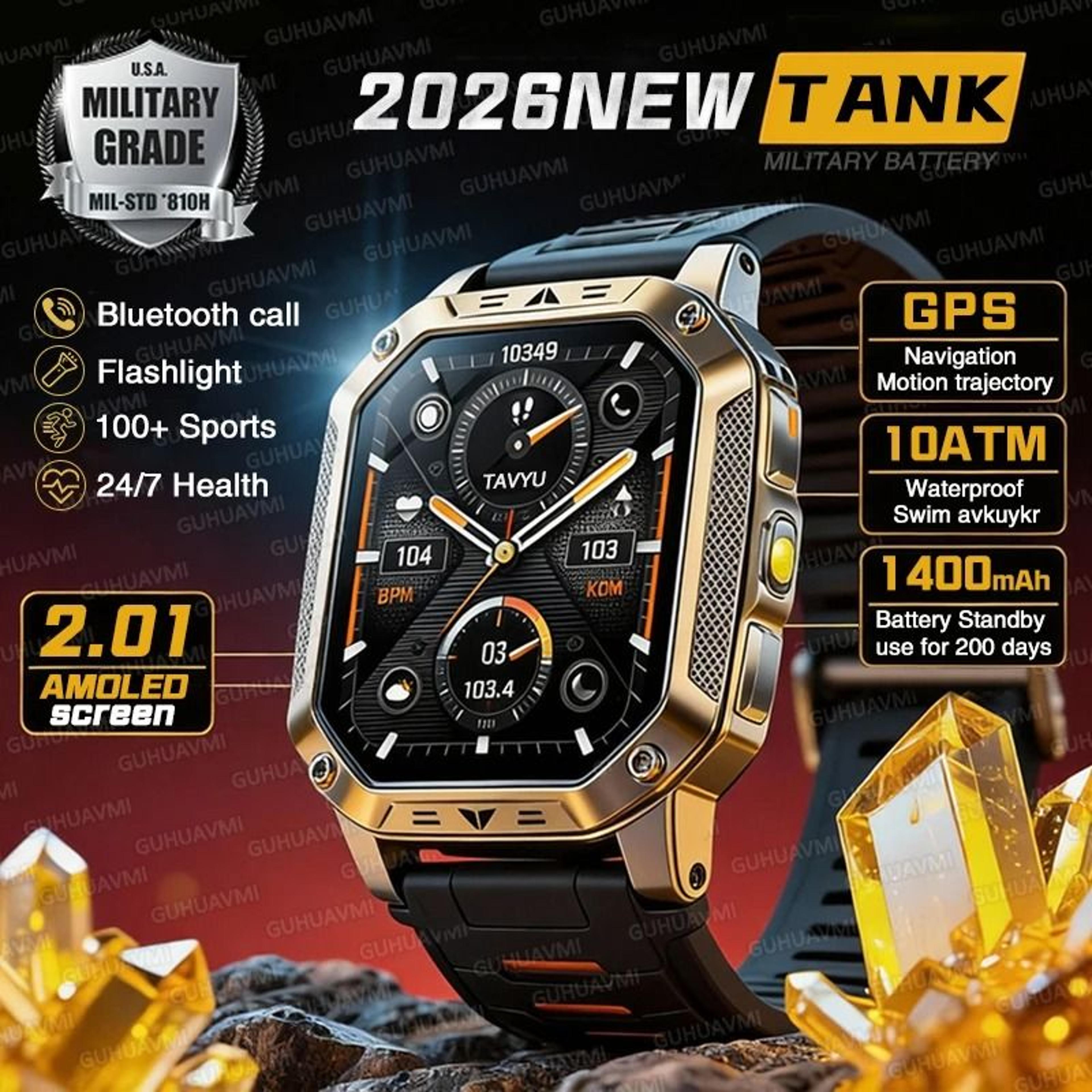tank elite military gps smartwatch | 1400mah battery & 2.01" amoled | executive 10atm sos & flashlight system
