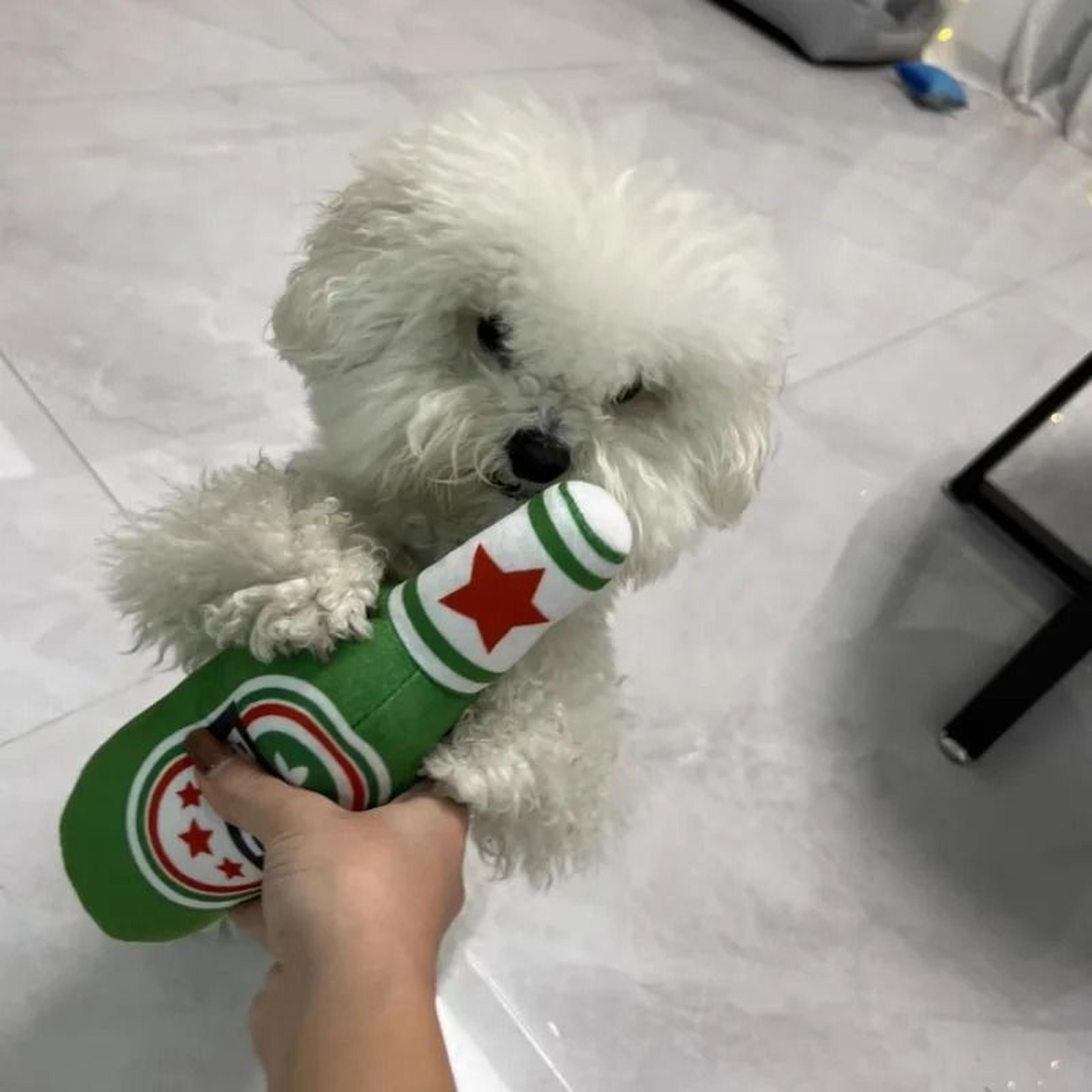 interactive squeaky beer bottle plush dog toy