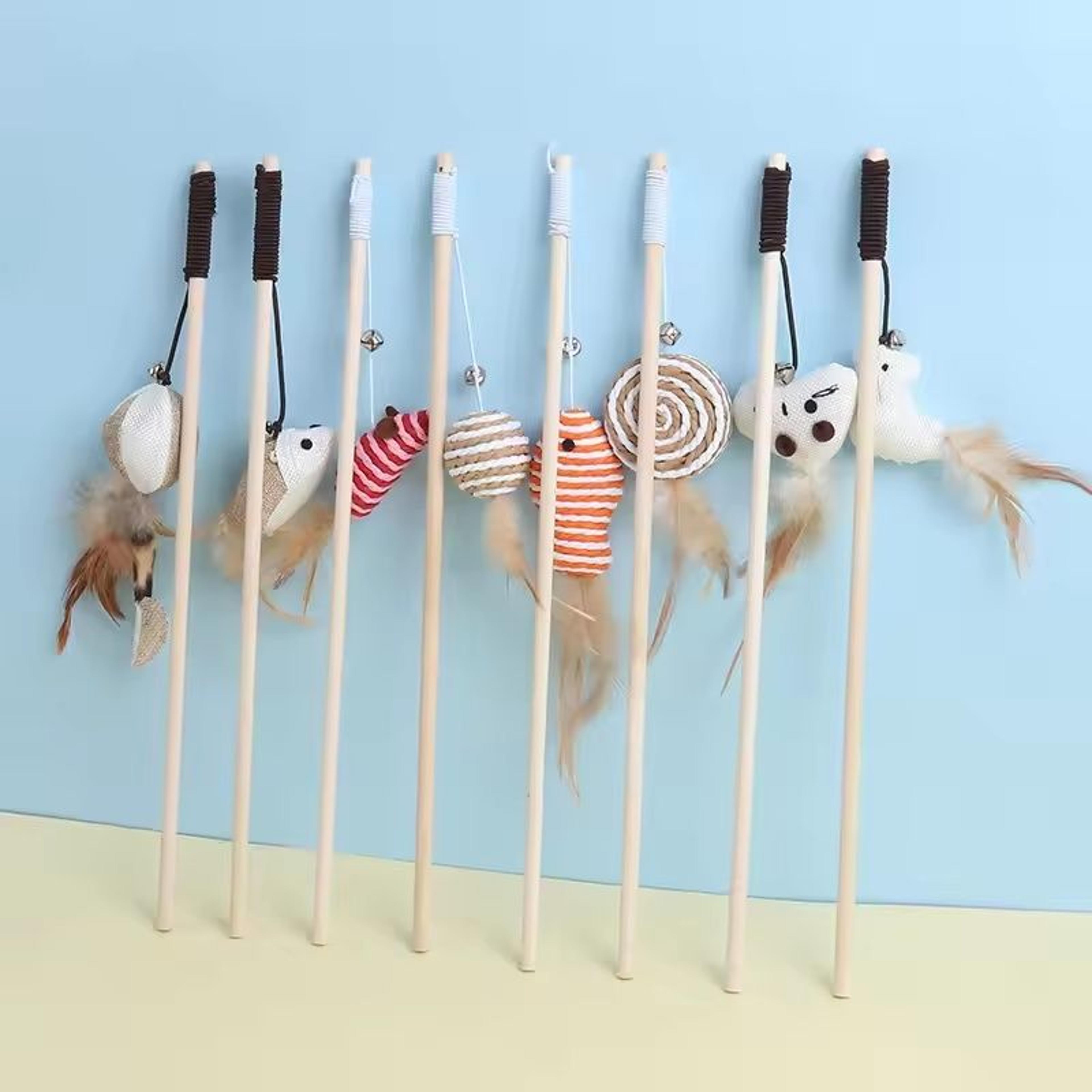 wooden mouse & feather teasing cat rod