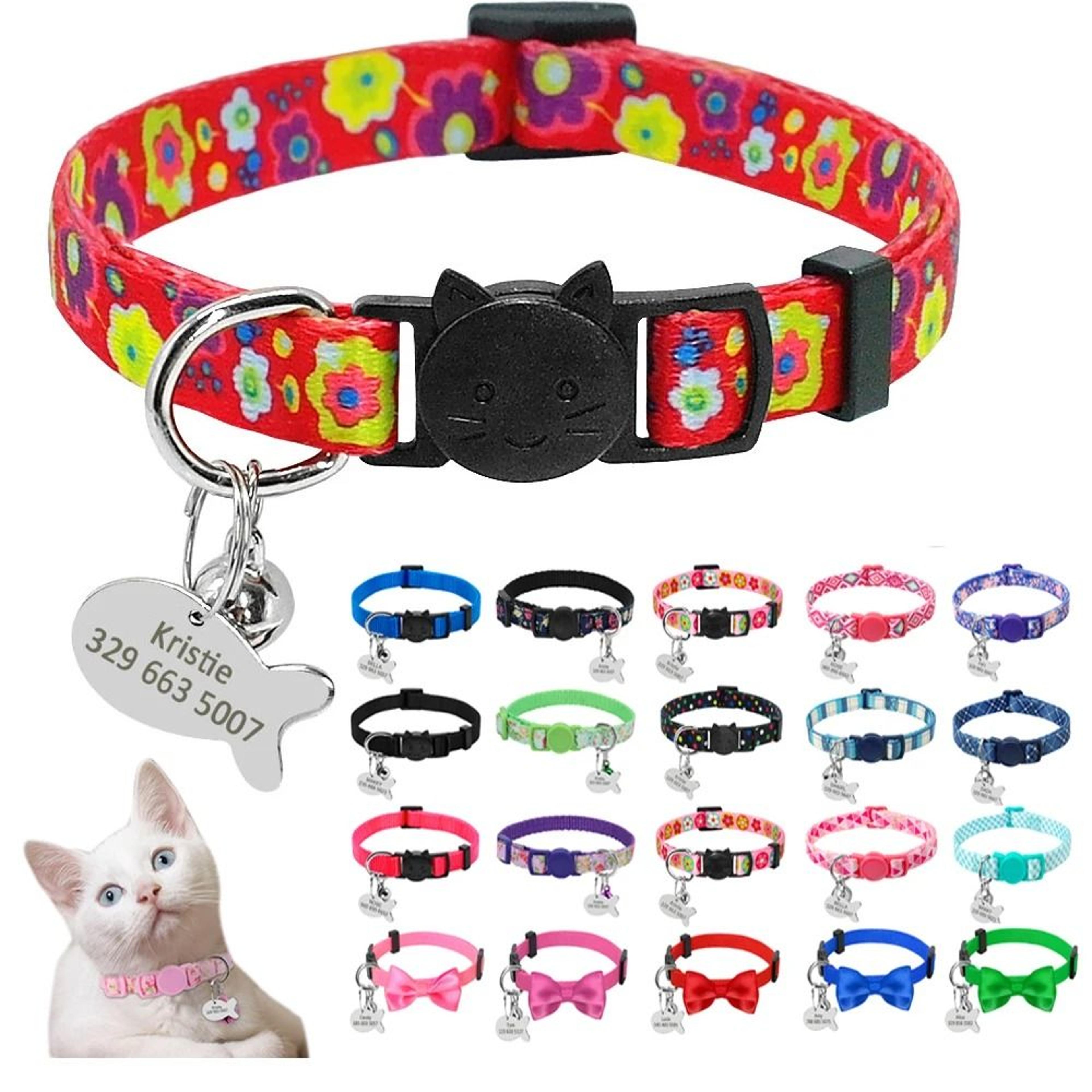 nylon adjustable engraved cat collar with personalized fish id tag