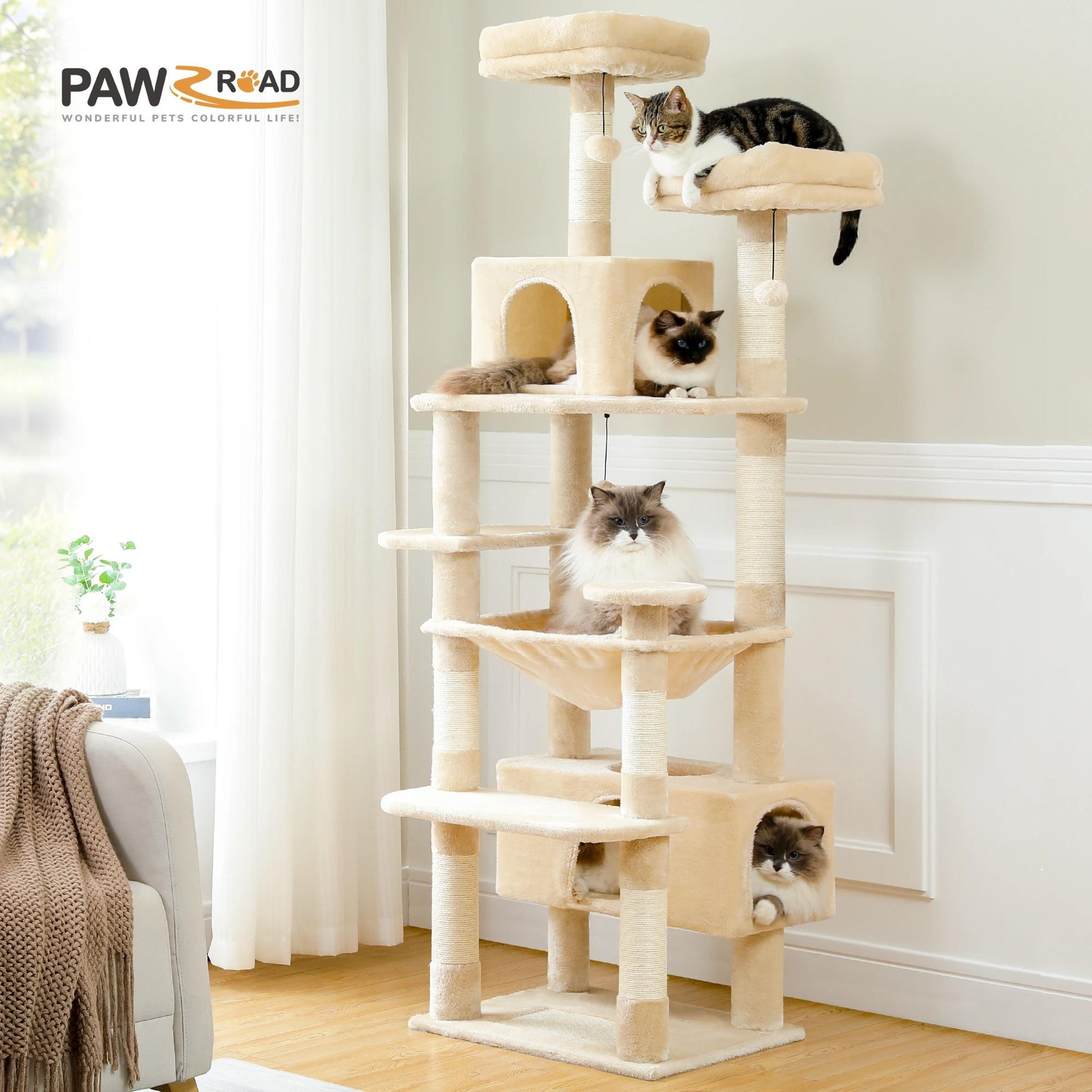 multi-level cat tree tower with scratching posts, hammock, and condo