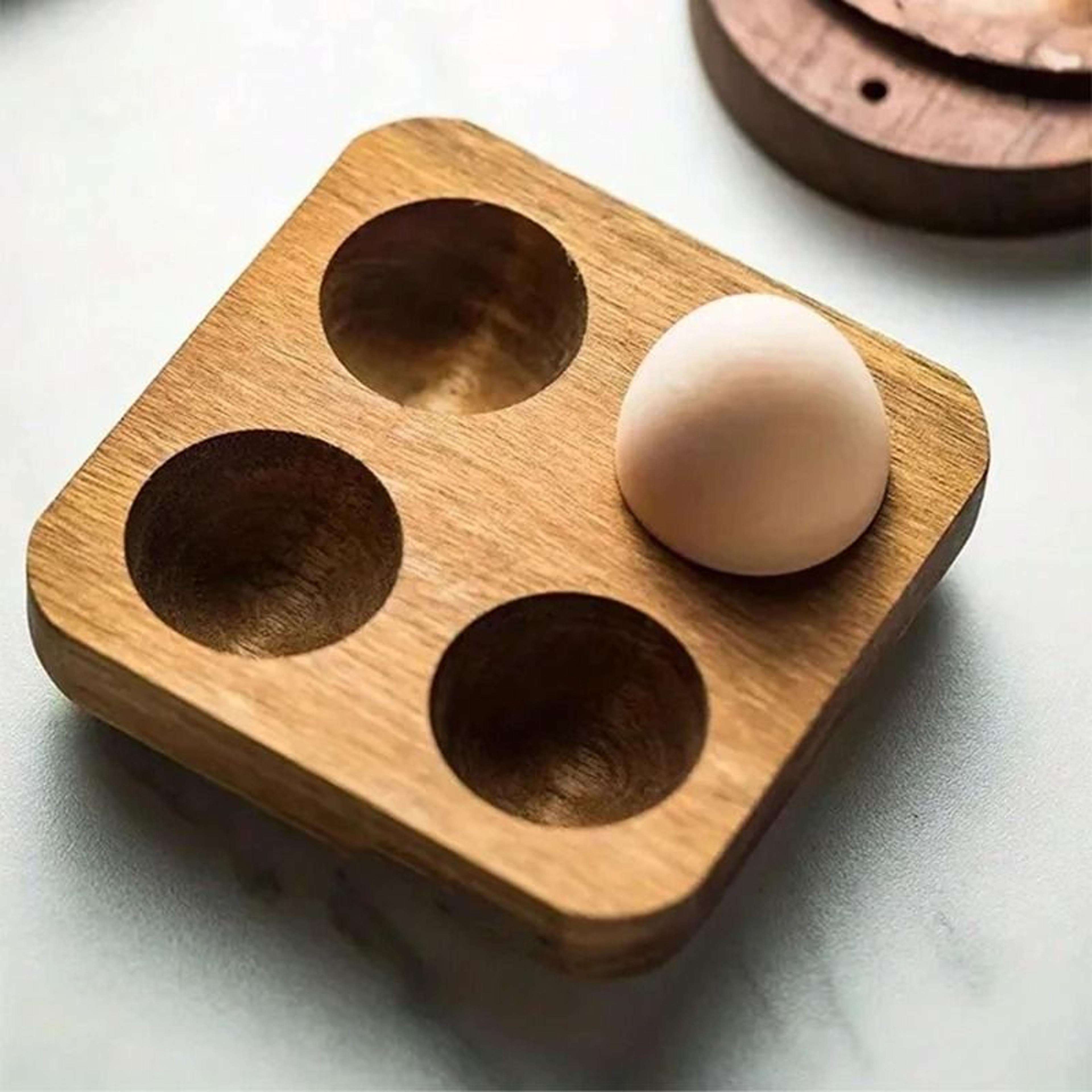 premium acacia wood multi-compartment egg holder - rustic countertop storage tray